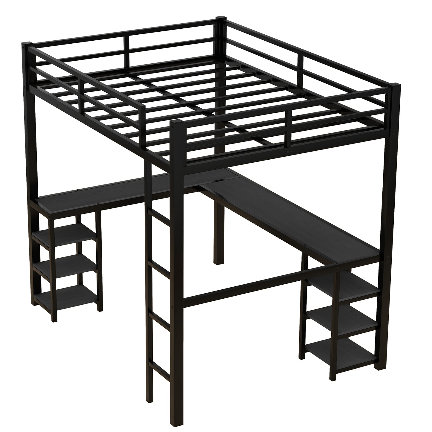 Black metal loft bed with desk and shelves