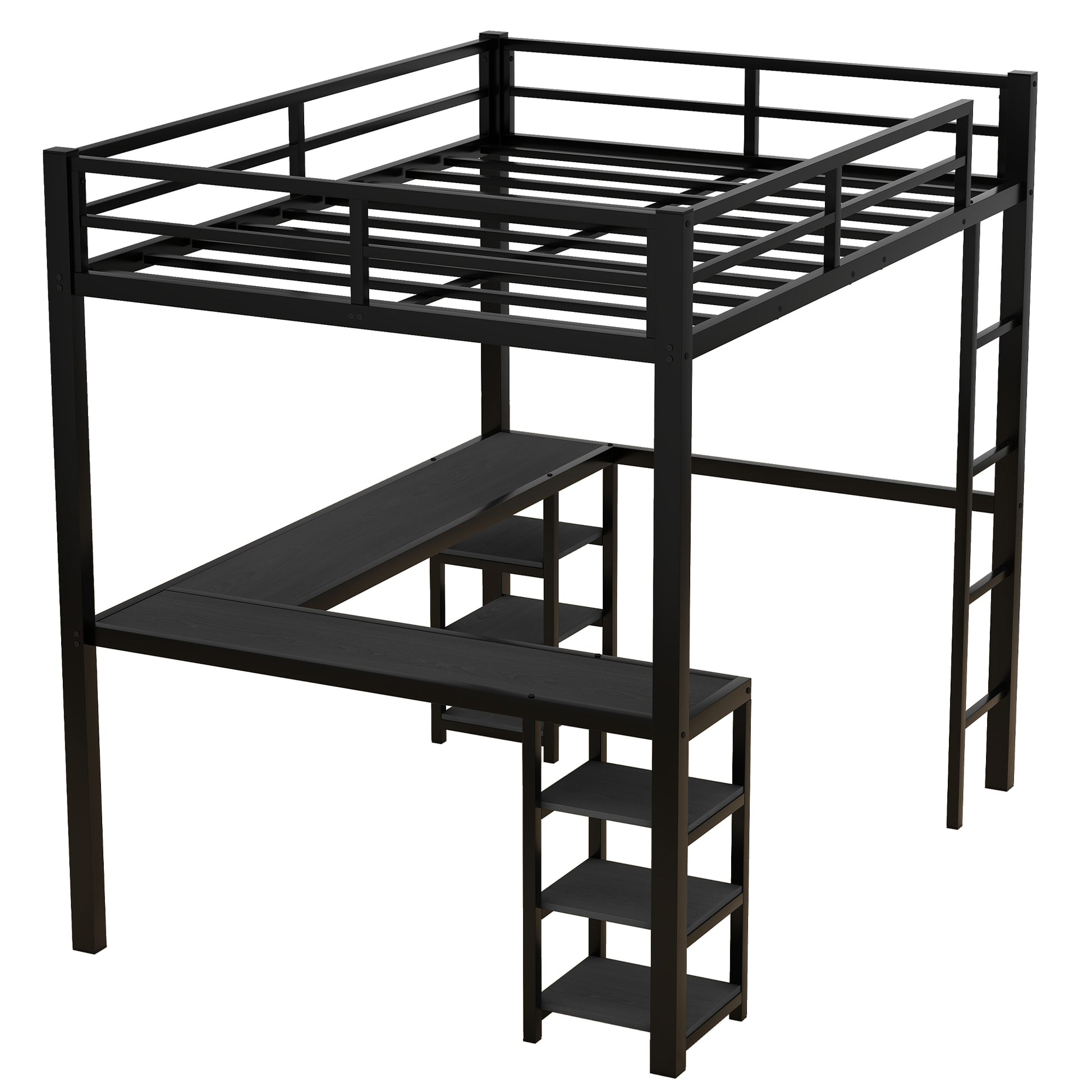 Black metal loft bed with desk and shelving