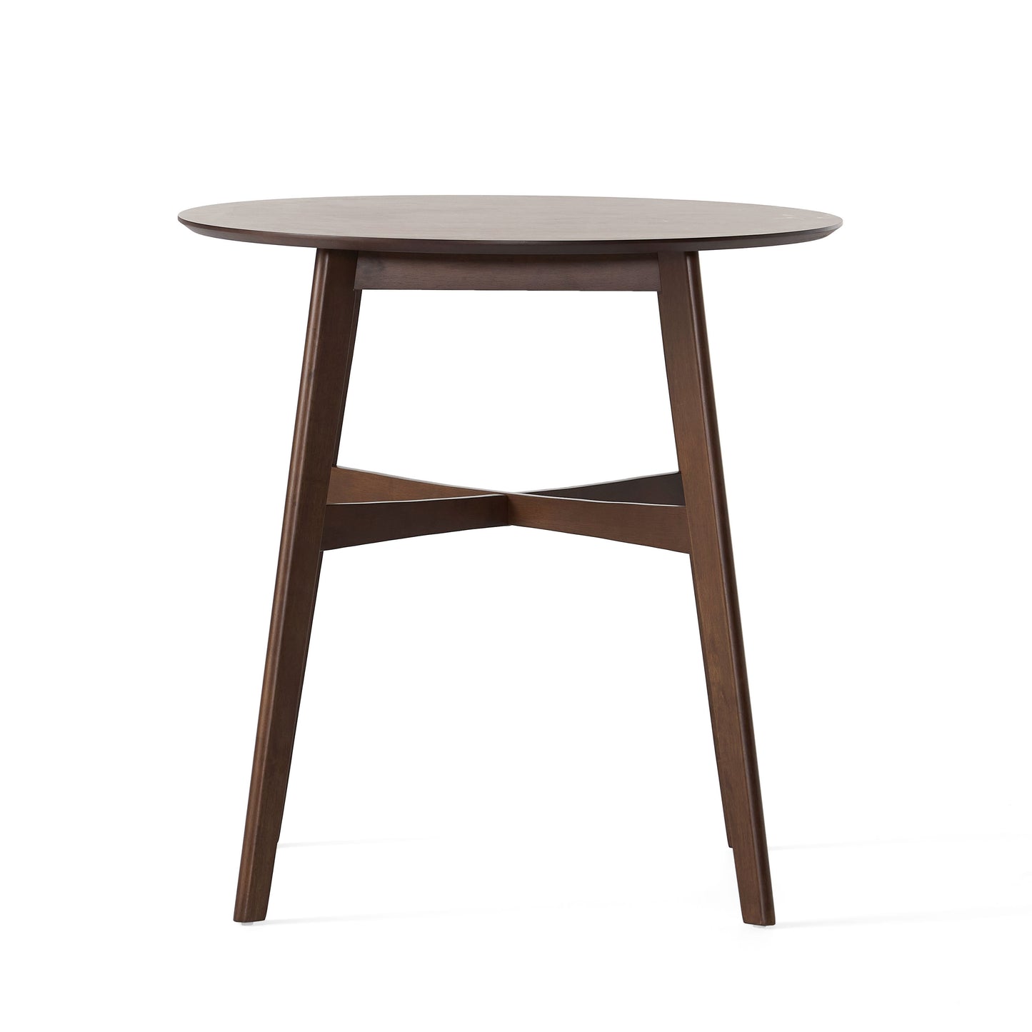 Round walnut wood accent table with tapered legs