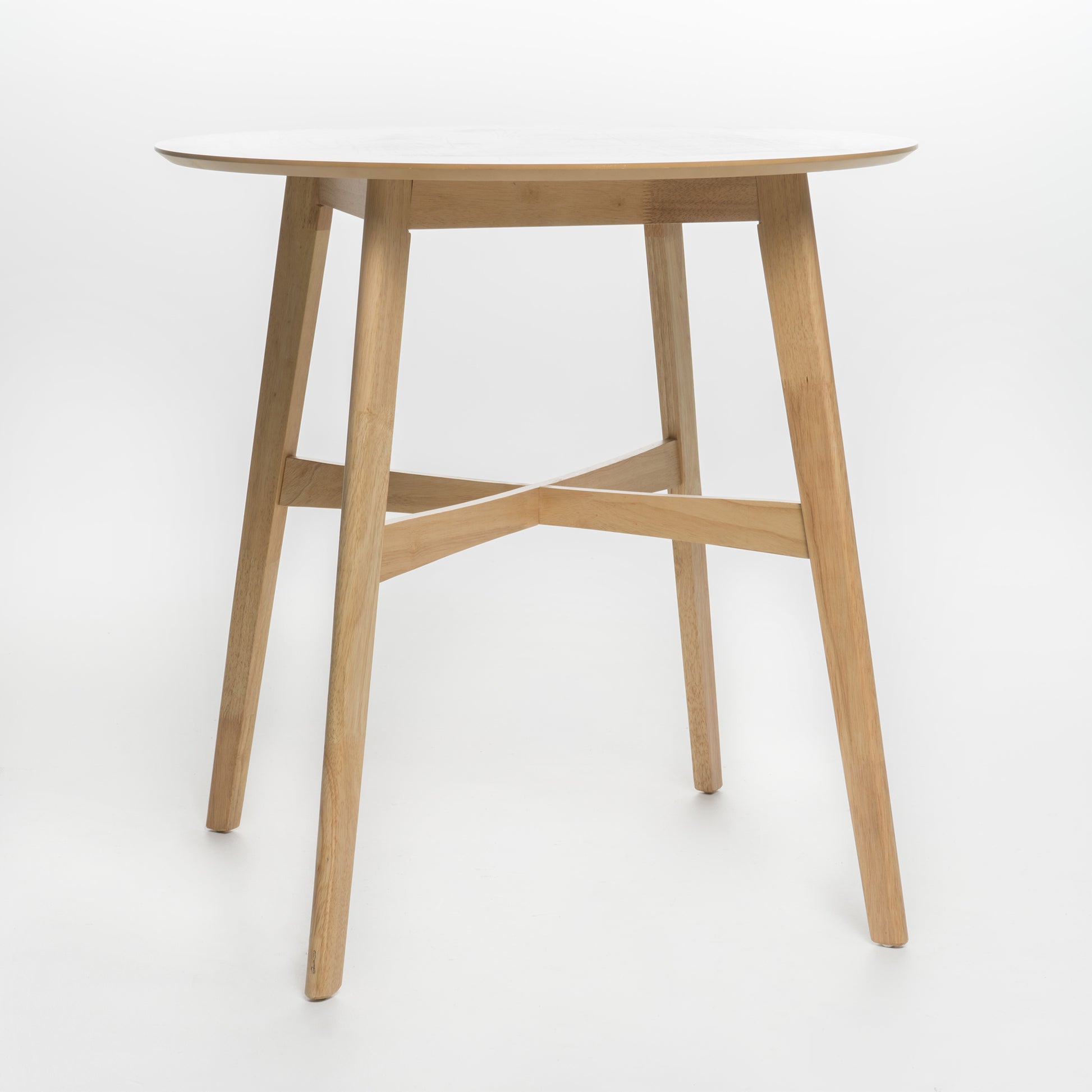 Round white tabletop cafe table with natural wood legs