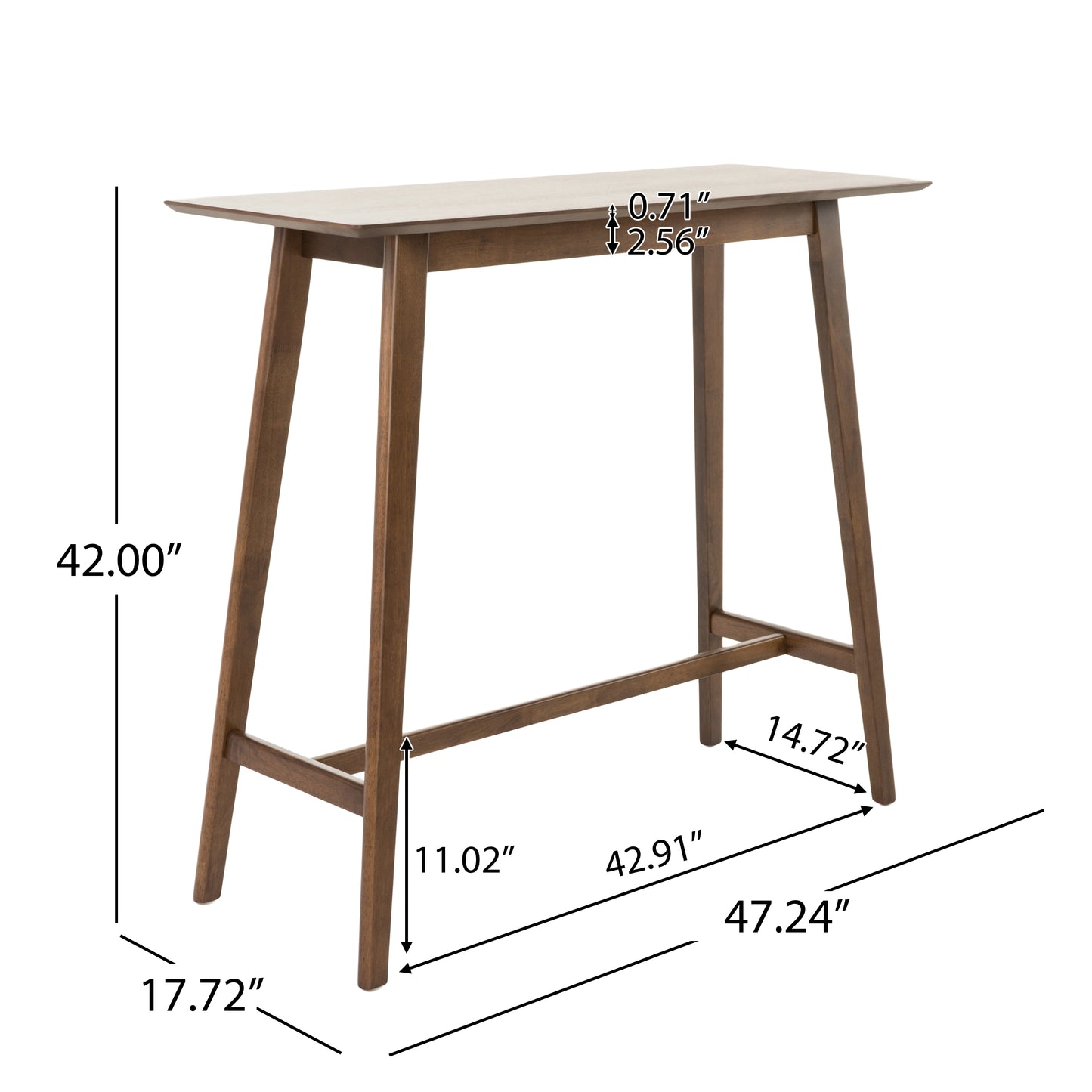 Midcentury modern bar table with light wood top and dark wood legs