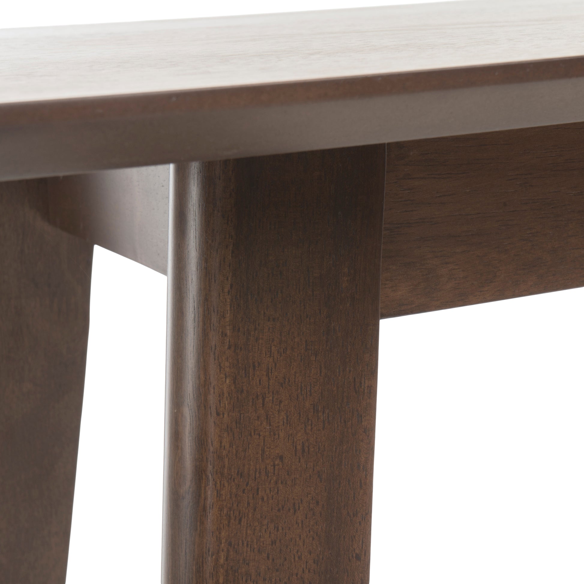 Dark brown wooden dining table leg with visible grain texture