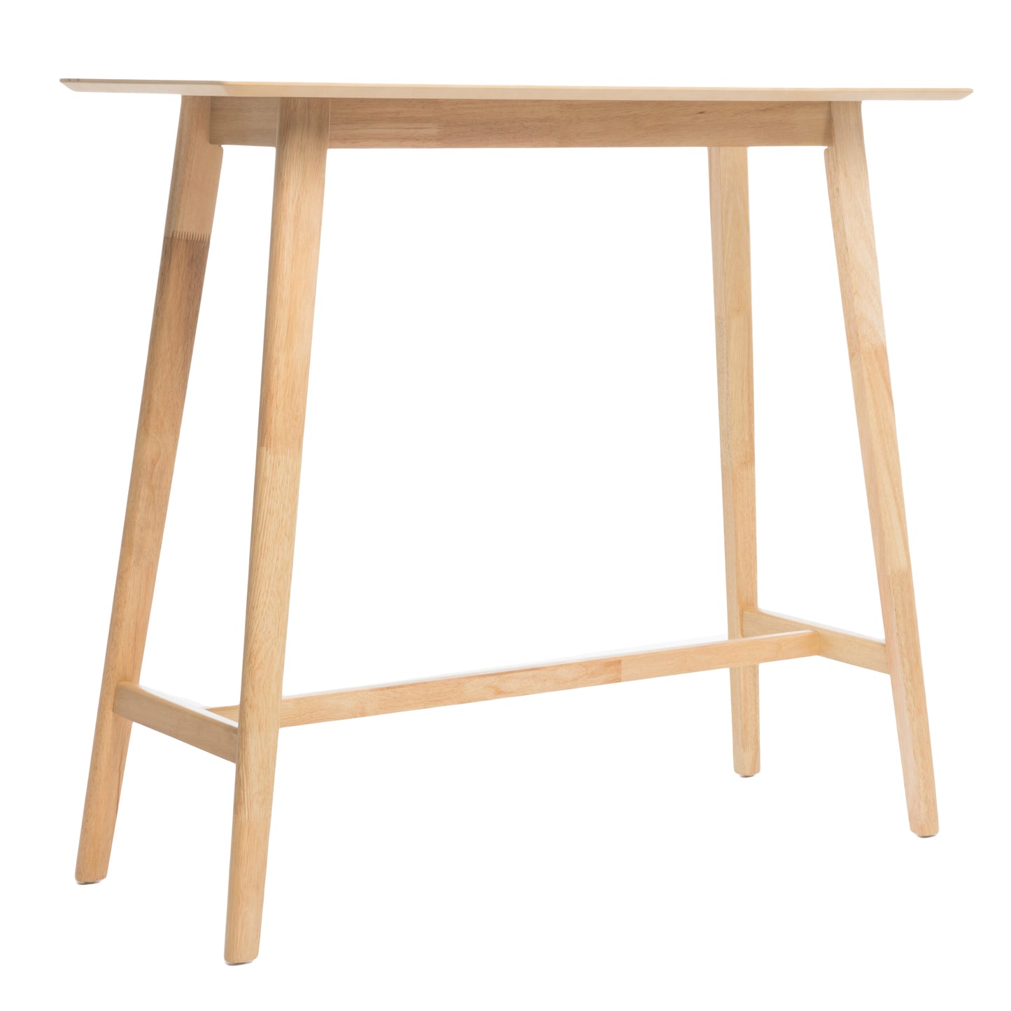 Natural wood tall bar table with angled legs for a modern kitchen island