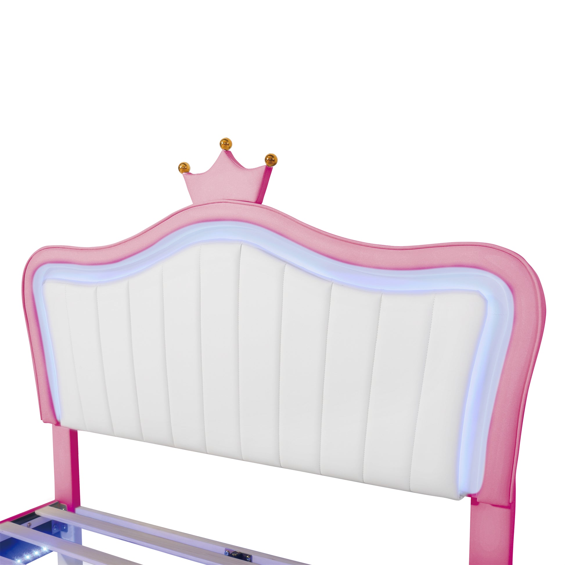 Pink velvet bed frame with crown detail and white tufted headboard