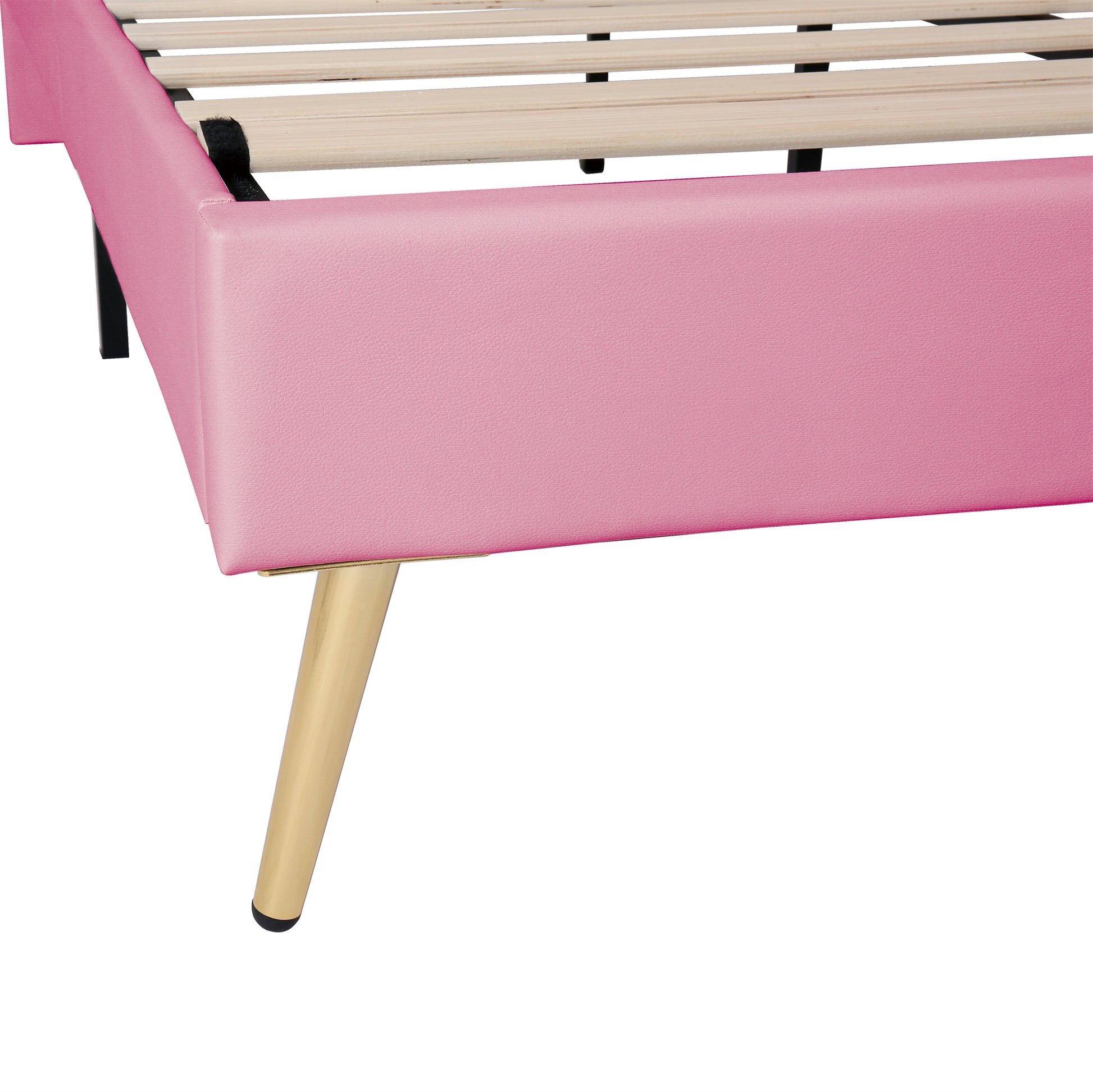 Pink upholstered bed frame with gold tapered legs