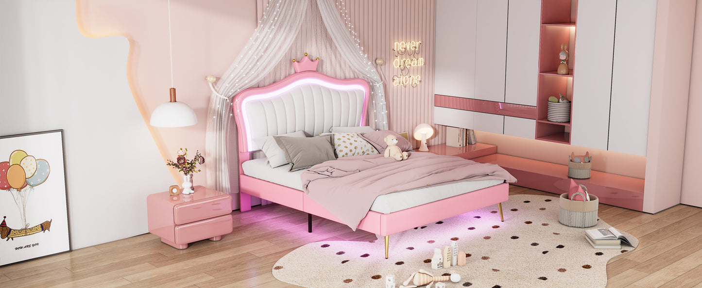 Pink upholstered twin bed with crown headboard and LED lights for girls