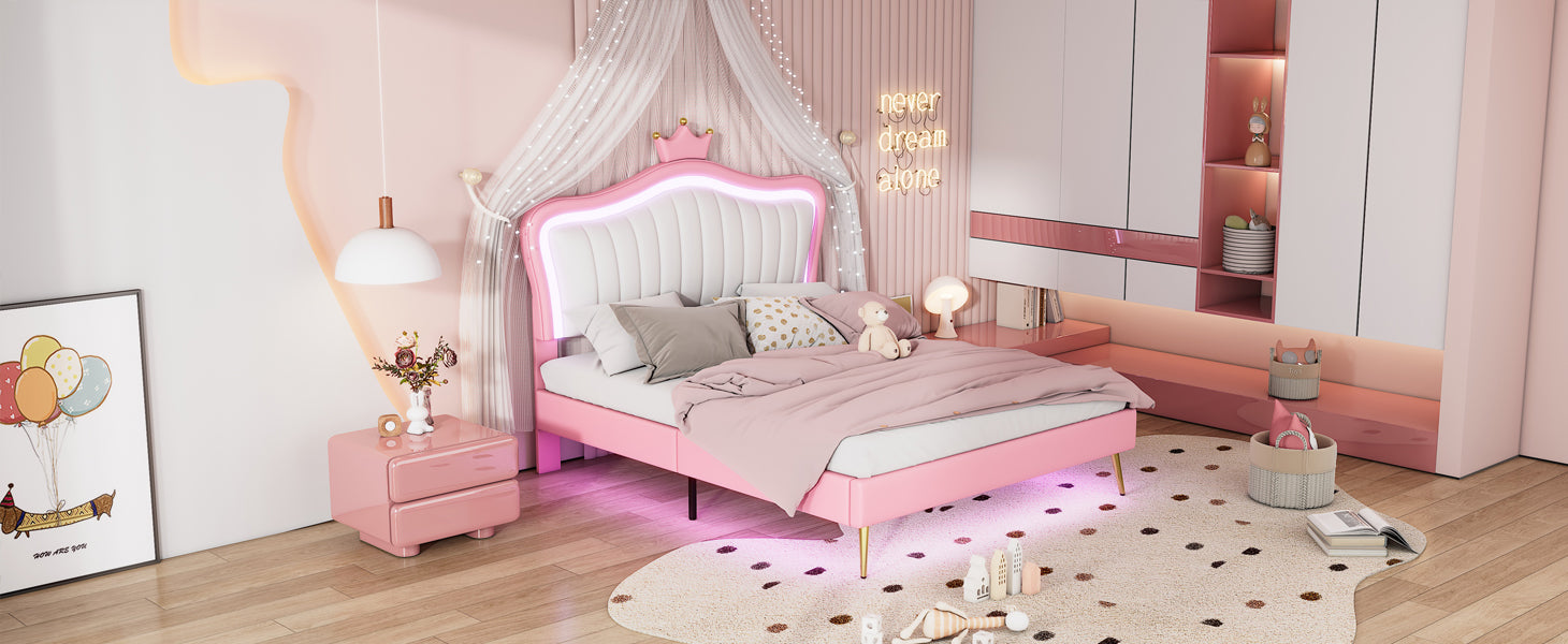 Pink upholstered twin bed with crown headboard and LED lights for girls