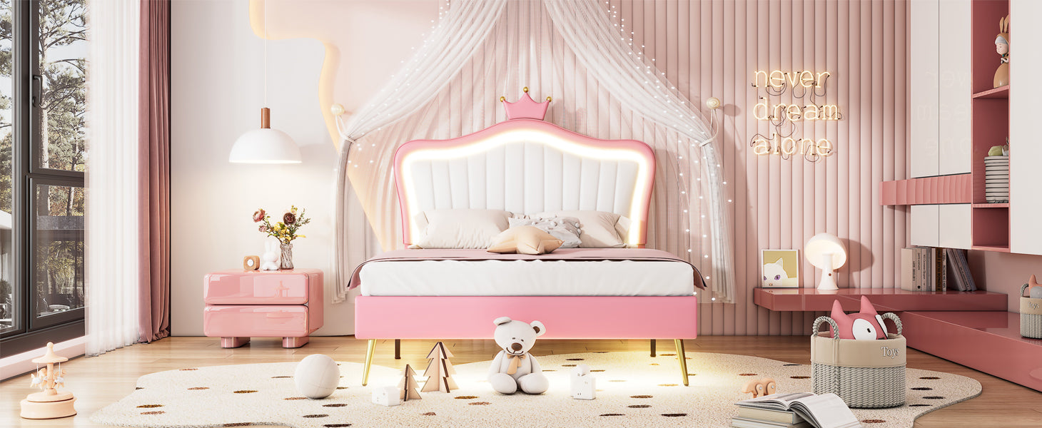 Pink princess bed with crown headboard and builtin lights for a childs room