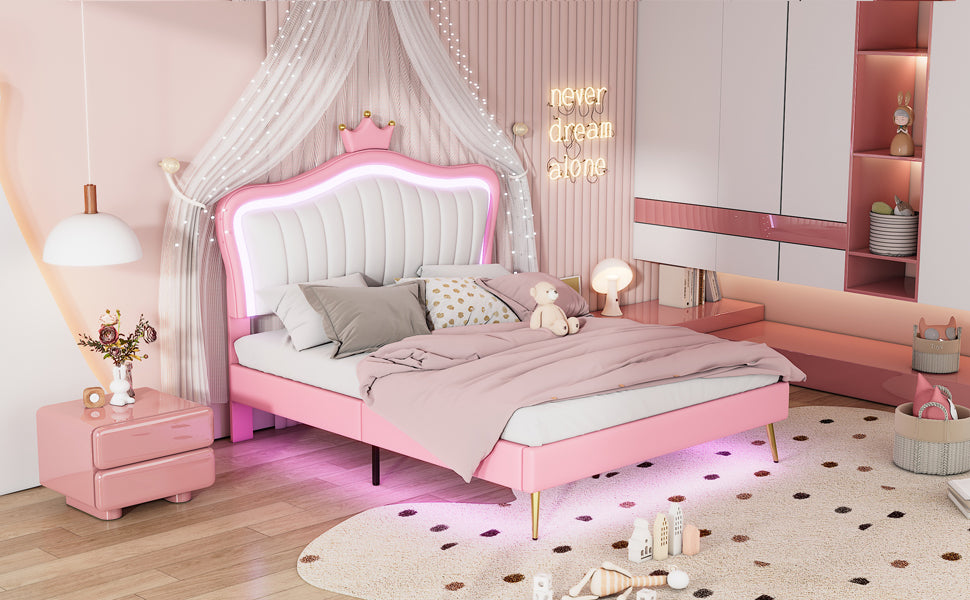 Pink upholstered twin bed with crown headboard and LED lighting