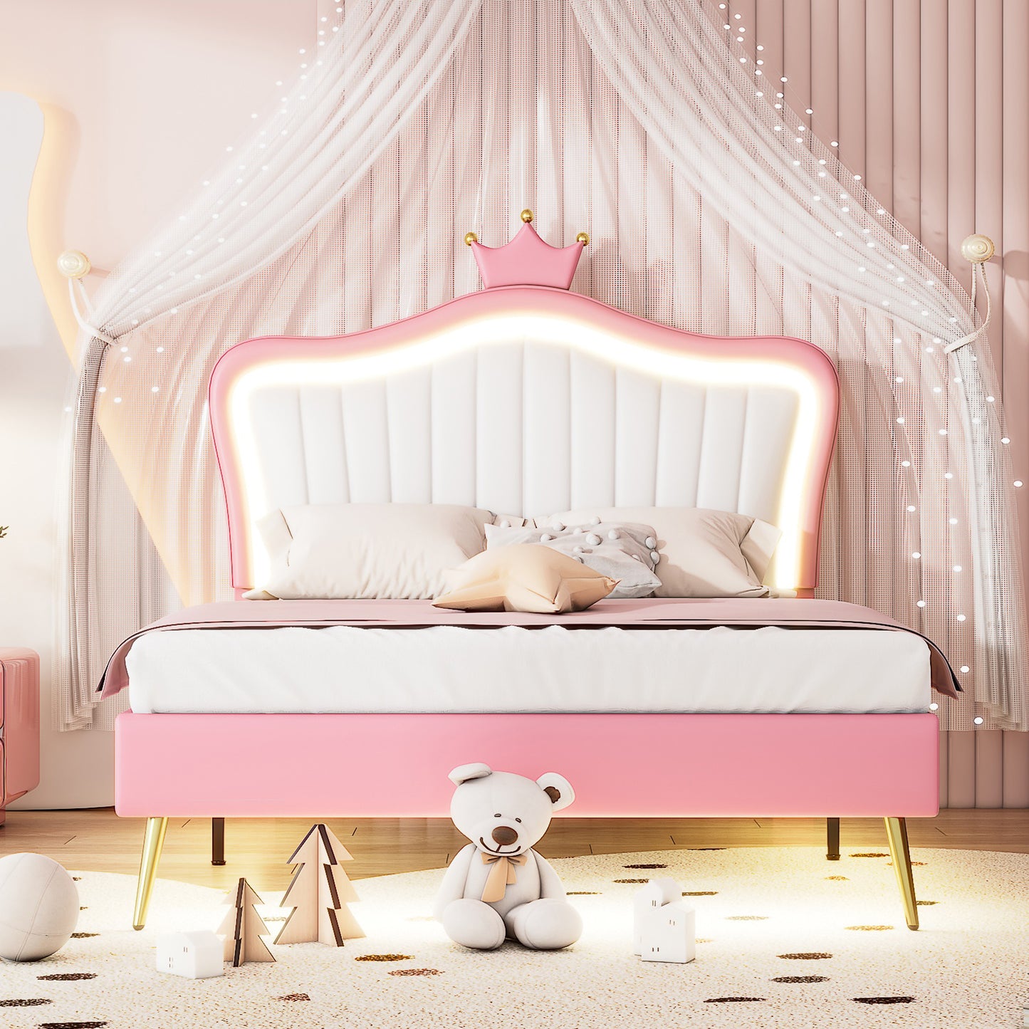 TREATLIFE HOME Full Size Bed Frame with LED Lights, Adjustable Headboard, Modern Princess Design, White and Pink