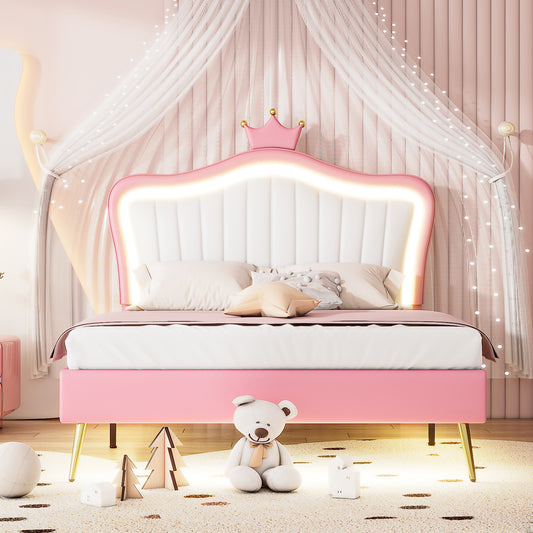 TREATLIFE HOME Full Size Bed Frame with LED Lights, Adjustable Headboard, Modern Princess Design, White and Pink
