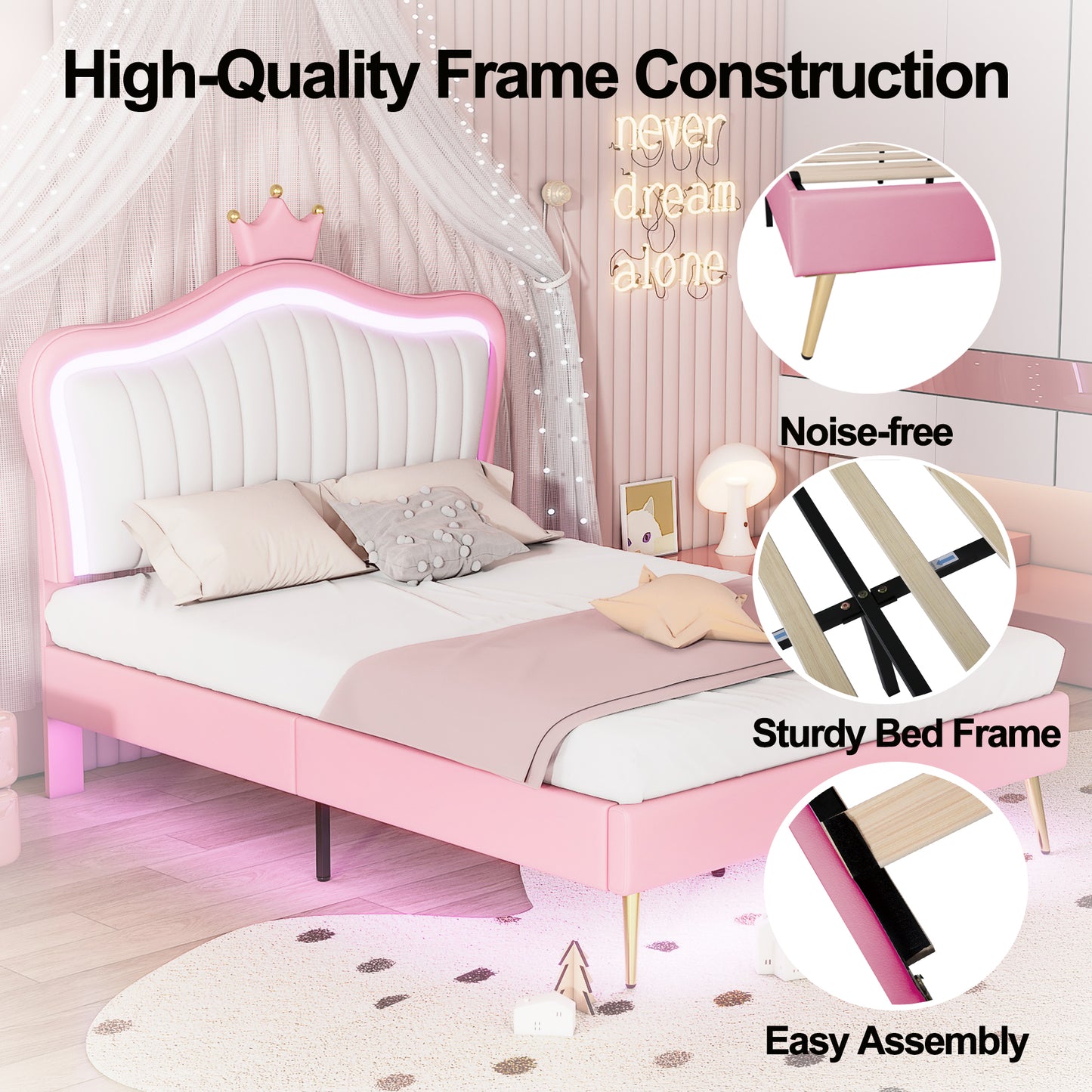 Pink upholstered twin bed with crown headboard and LED lights