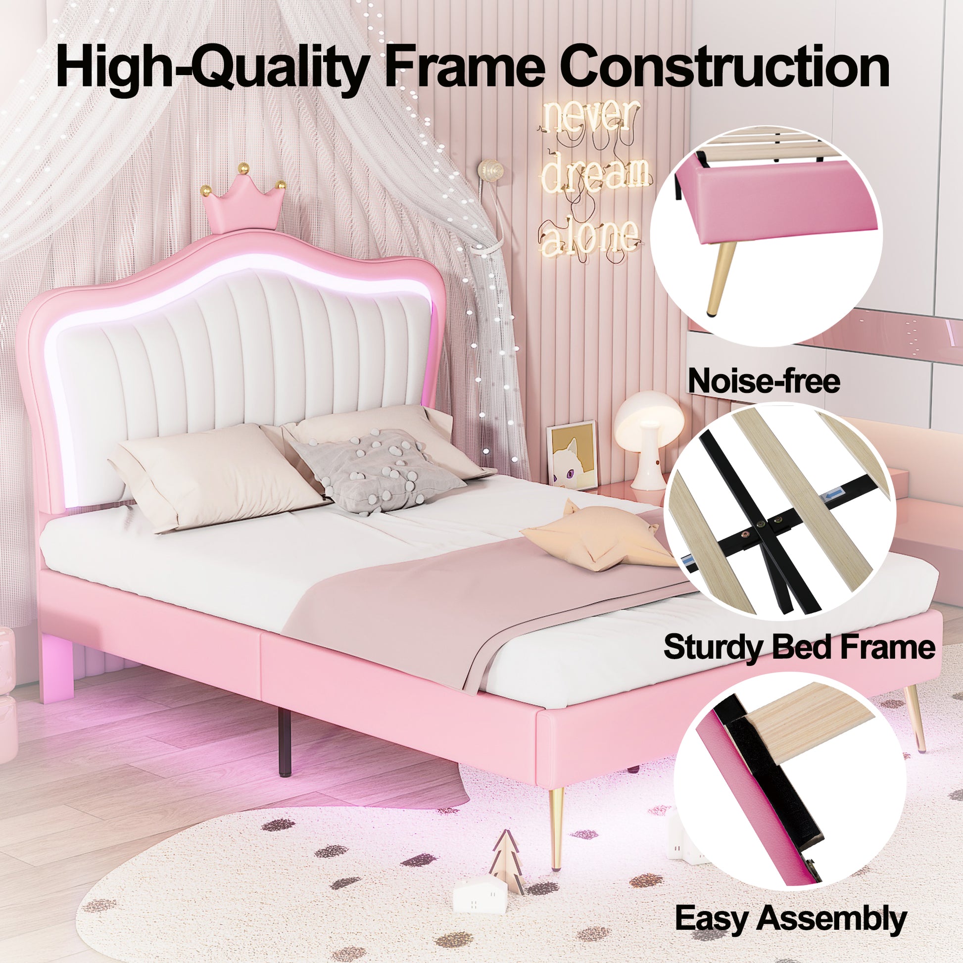 Pink upholstered twin bed with crown headboard and LED lights