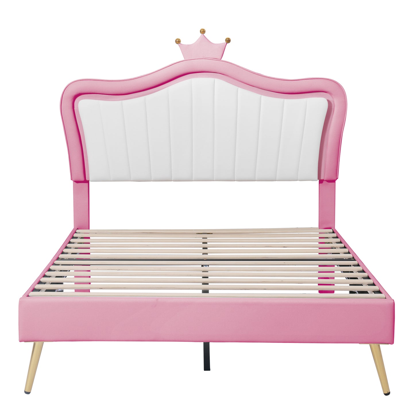 Pink velvet twin bed frame with white tufted headboard and gold legs