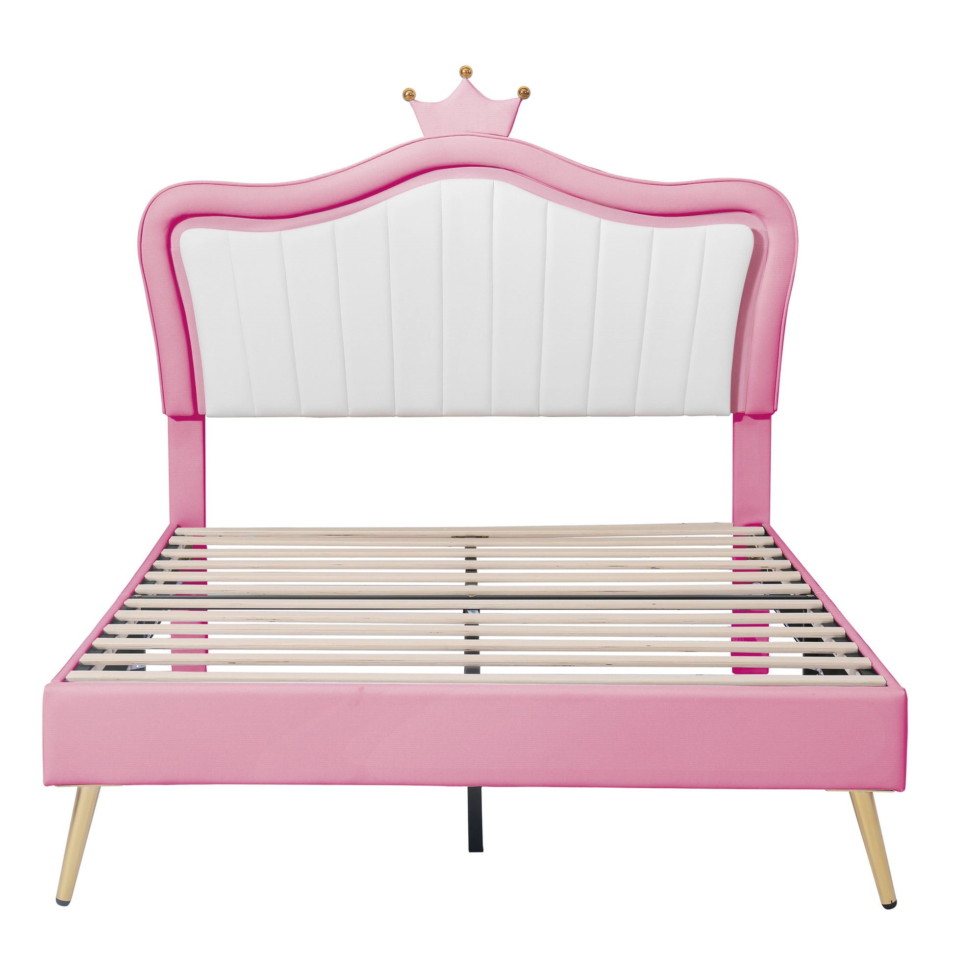 Pink velvet twin bed frame with white tufted headboard and gold legs