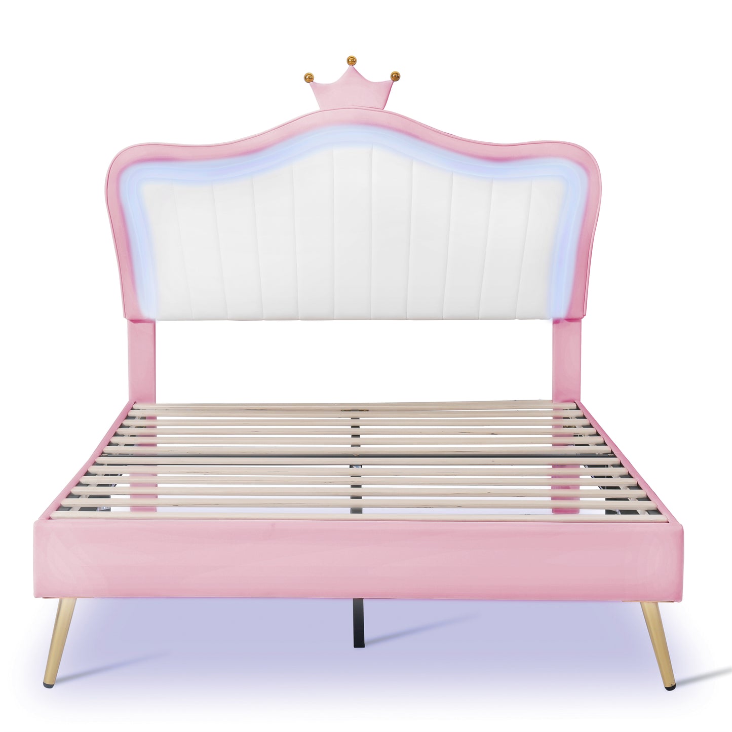Pink velvet twin bed frame with gold legs and crown detail
