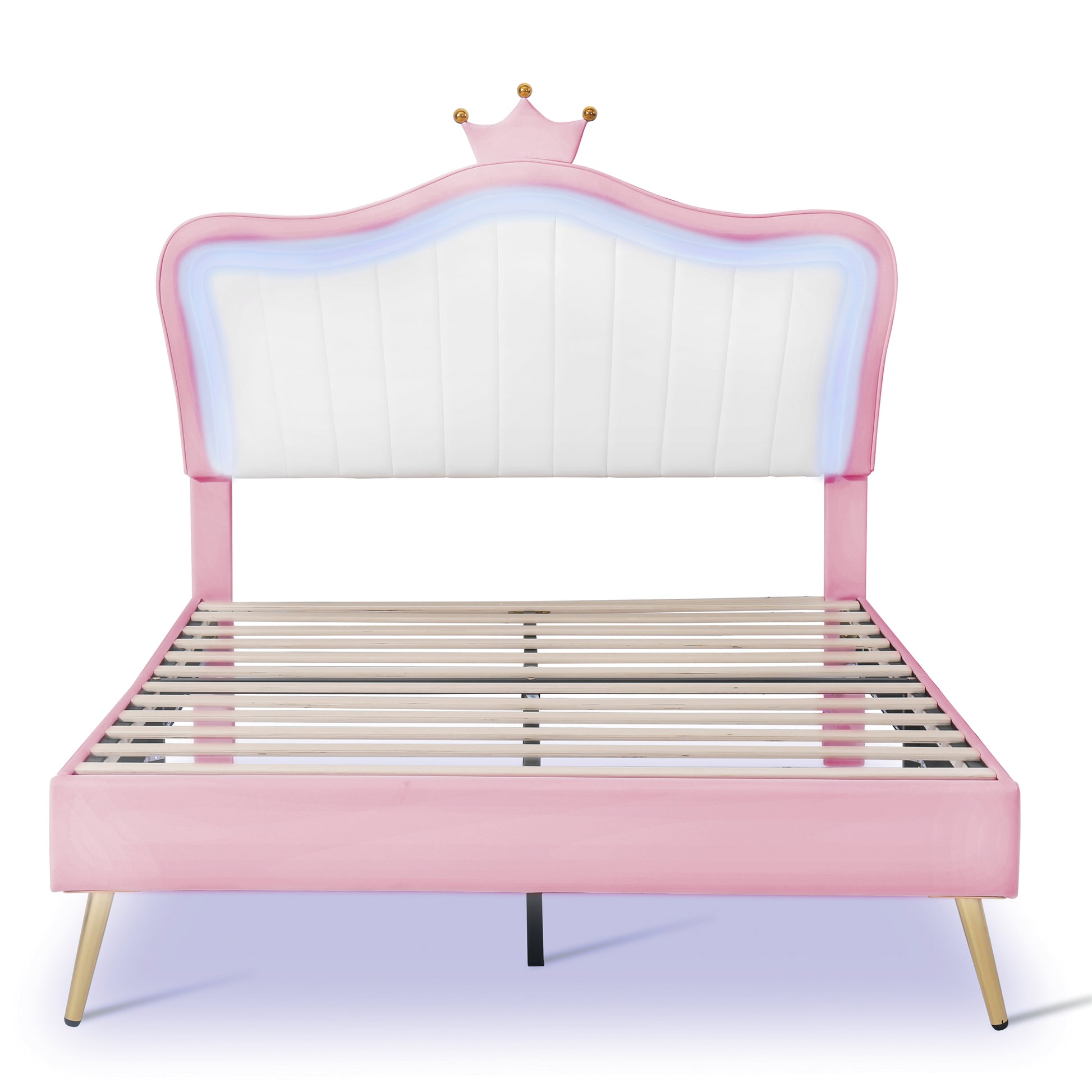 Pink velvet twin bed frame with gold legs and crown detail