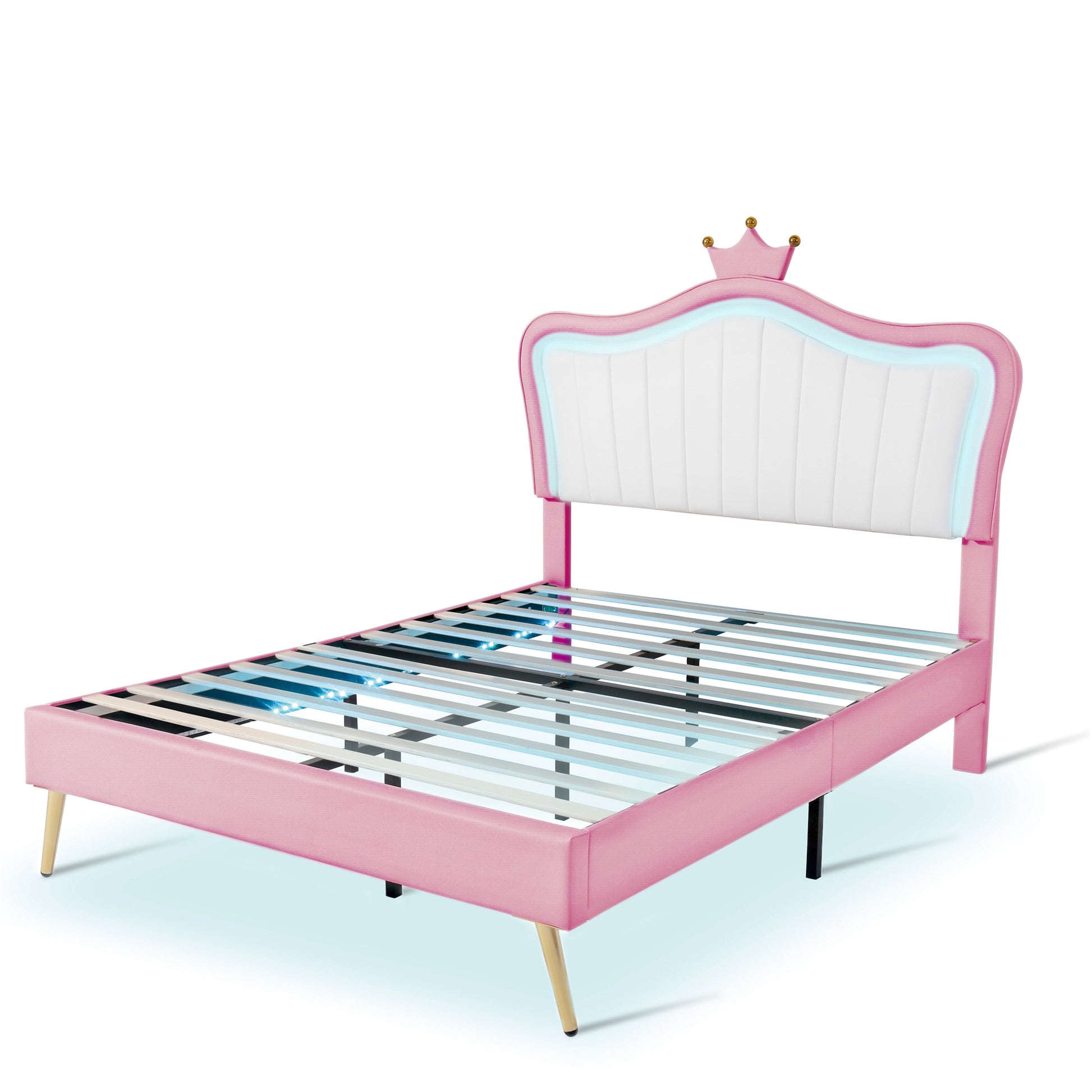 Pink velvet twin bed frame with upholstered crown headboard and LED lights