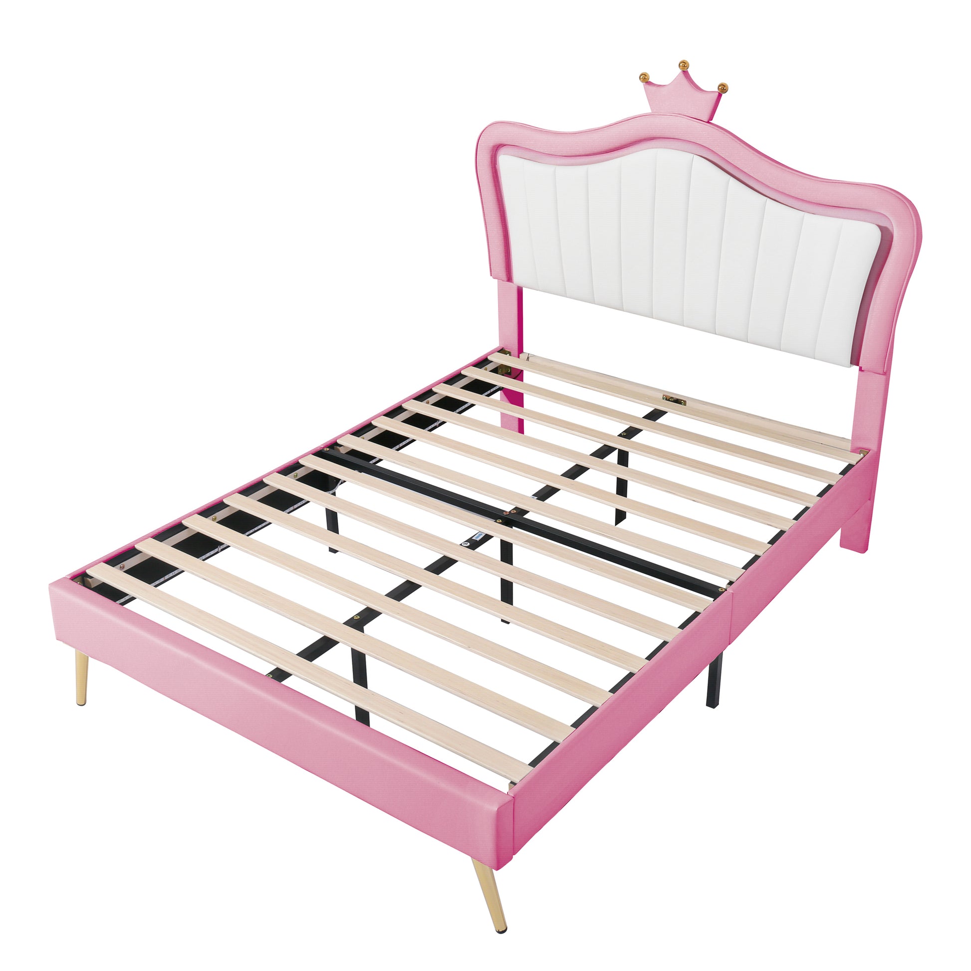 Pink velvet twin bed frame with quilted white headboard and crown detail