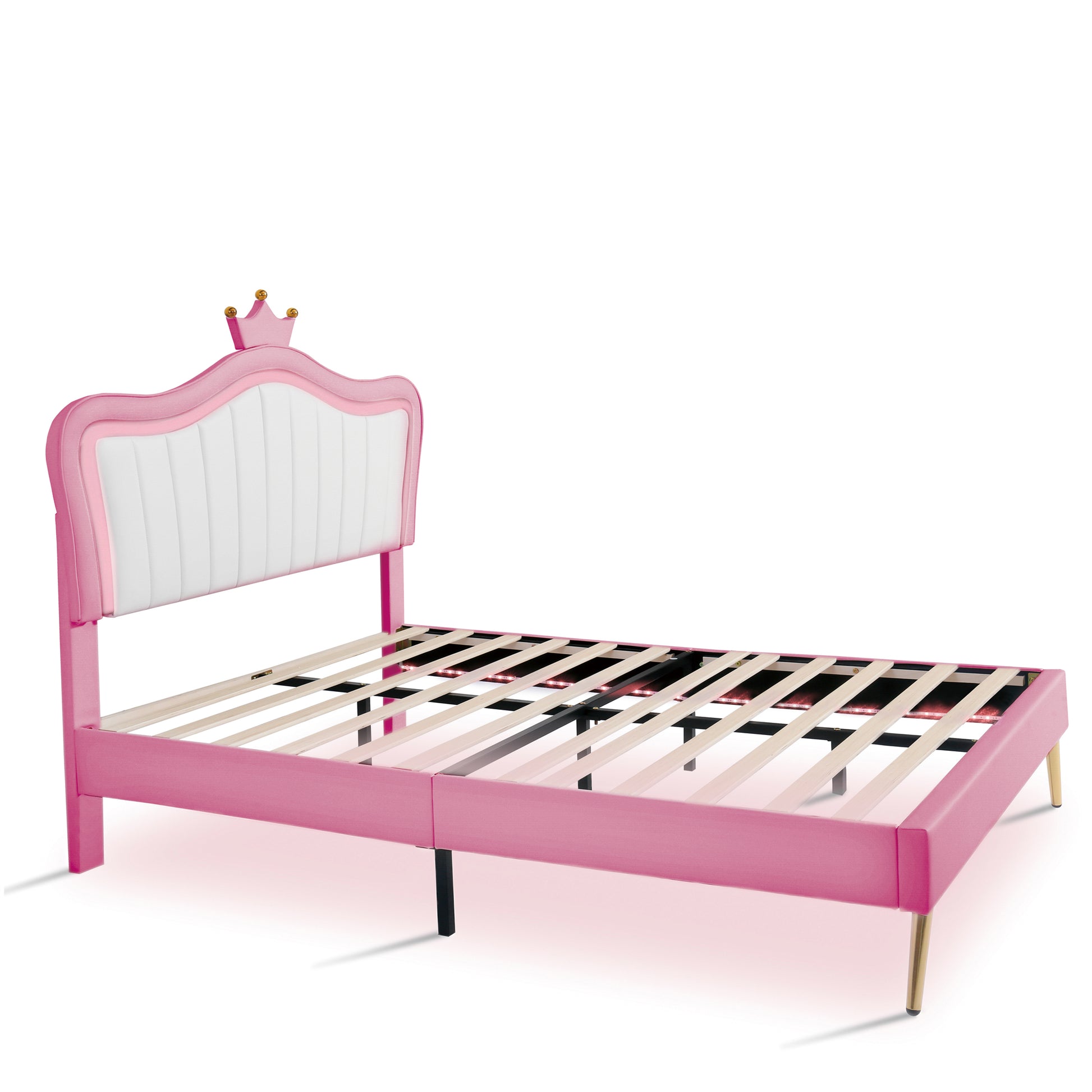 Pink velvet twin bed frame with white tufted headboard and crown accent