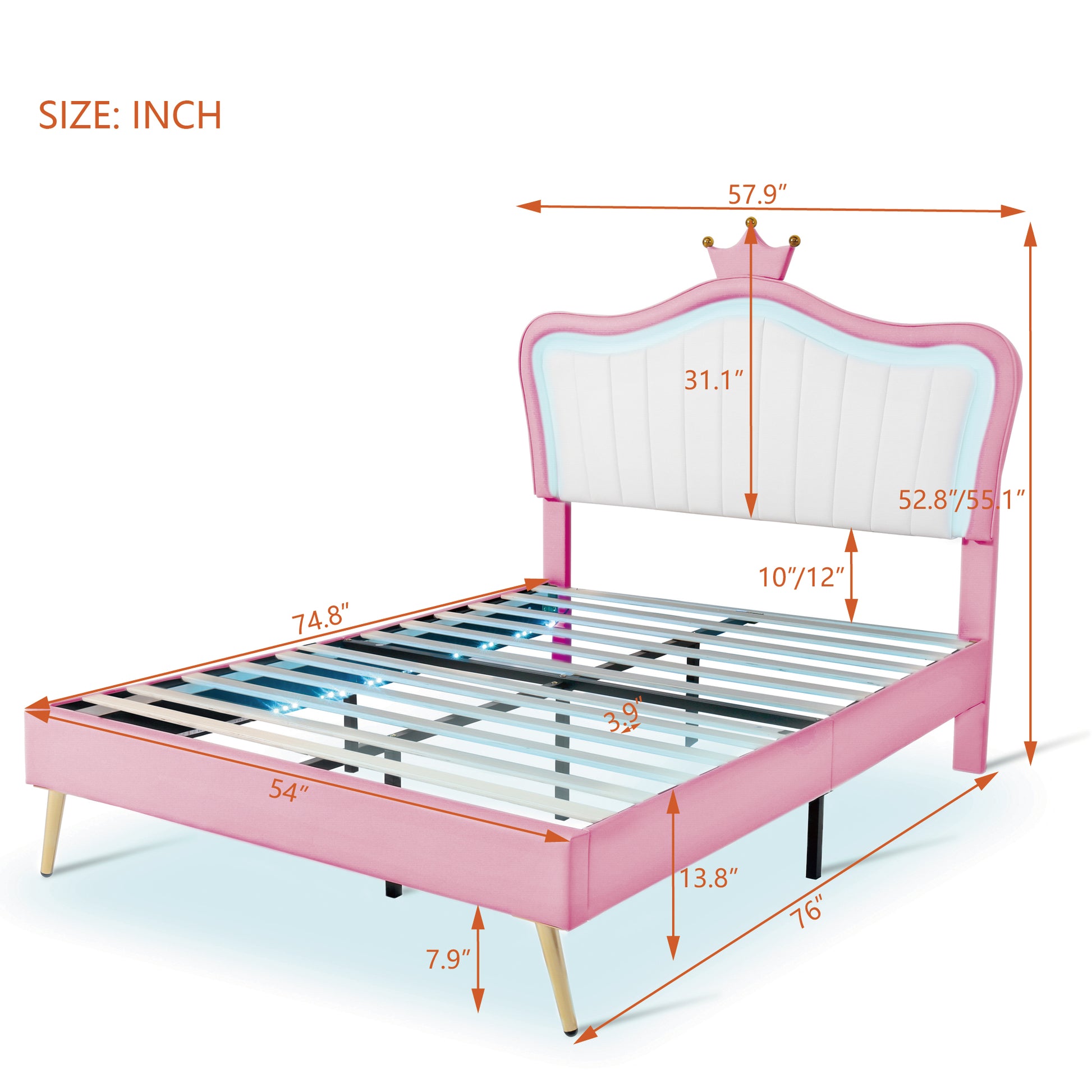 Pink velvet twin bed frame with crown headboard and wooden slats