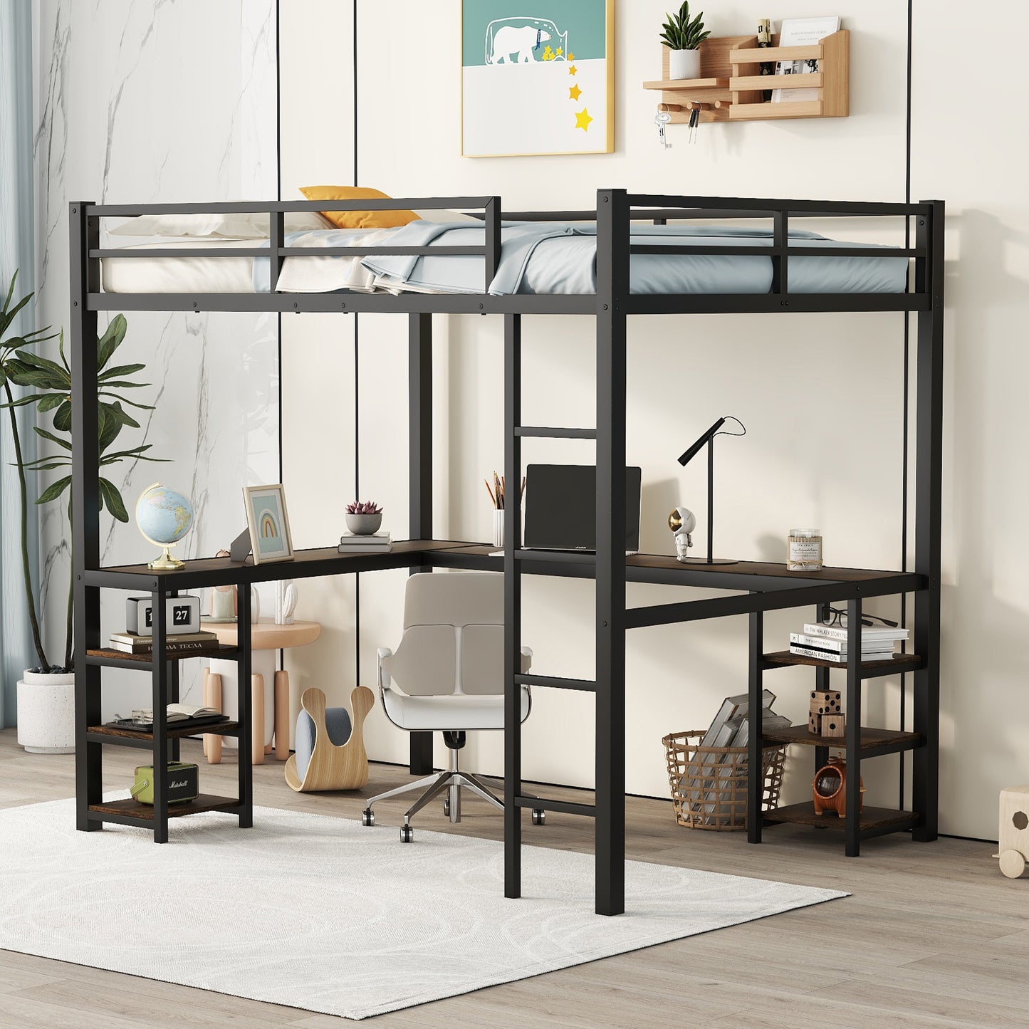 TREATLIFE HOME Full Metal Loft Bed with Desk and Shelves for Space-Saving Comfort, Sturdy Design with Guardrails, Black with Vintage Wood Desk