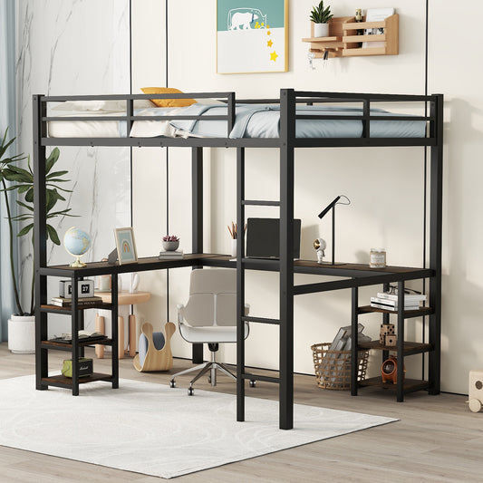 TREATLIFE HOME Full Metal Loft Bed with Desk and Shelves for Space-Saving Comfort, Sturdy Design with Guardrails, Black with Vintage Wood Desk