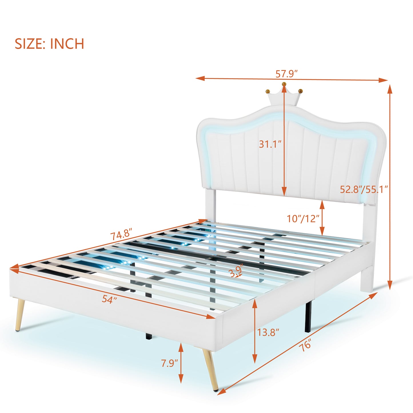 White upholstered bed frame with LED lighting and crownshaped headboard