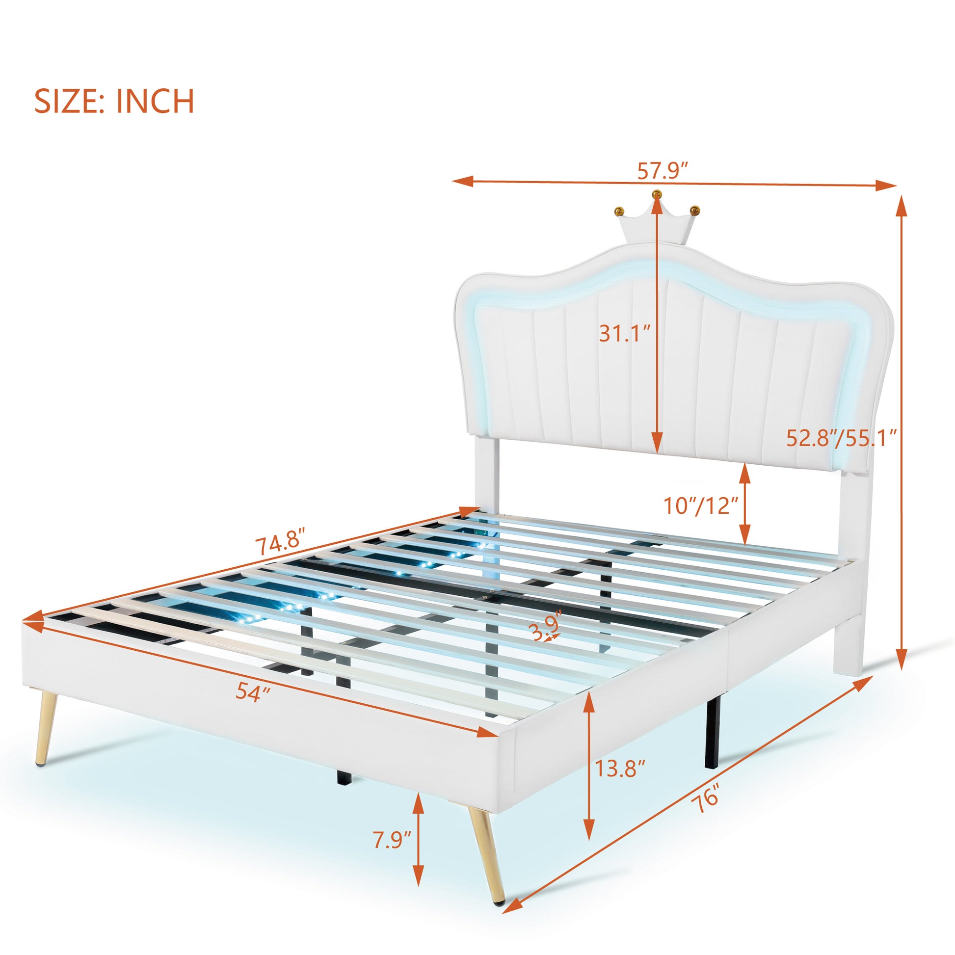 White upholstered bed frame with LED lighting and crownshaped headboard