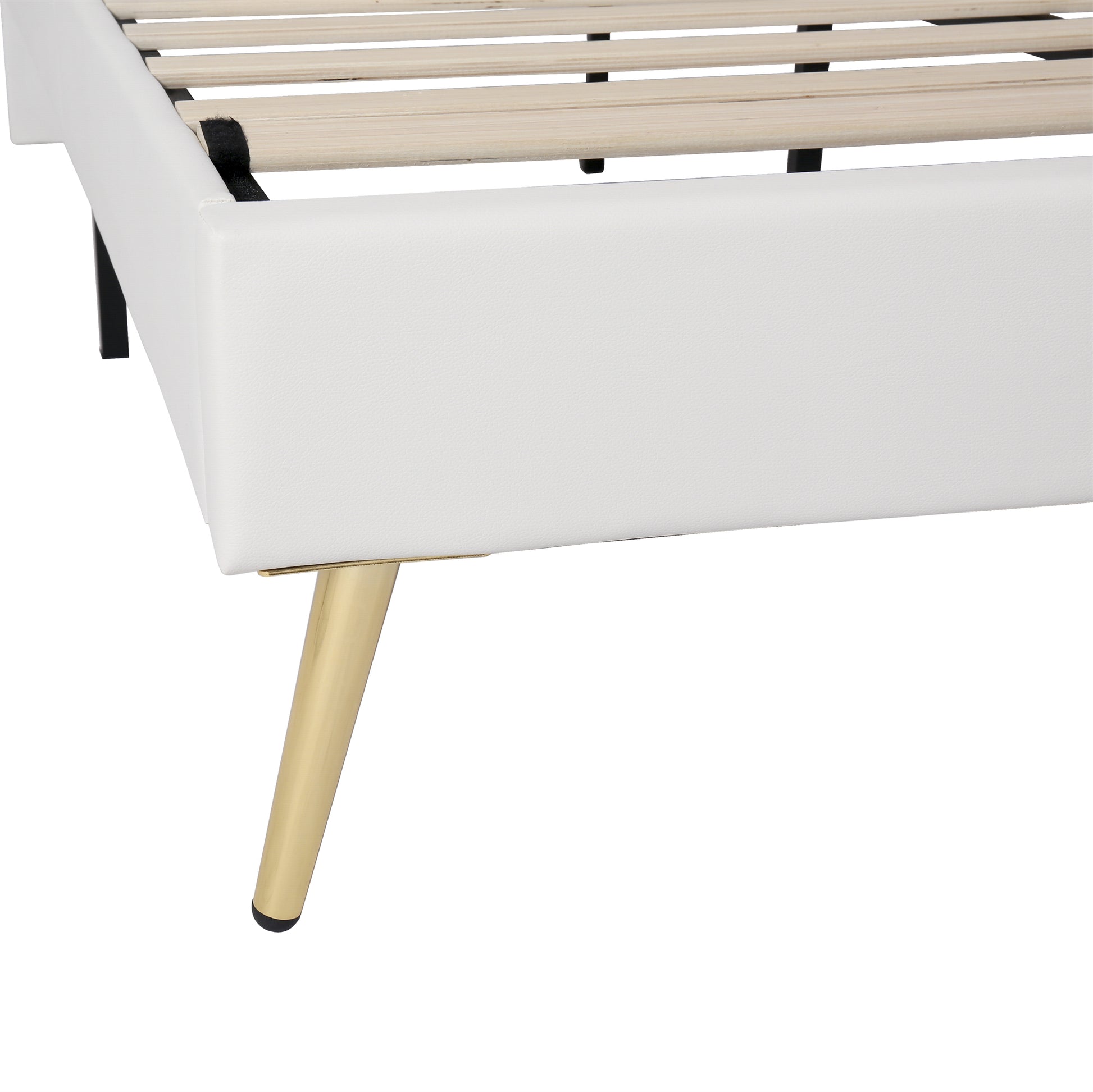 White faux leather bed frame with gold tapered legs
