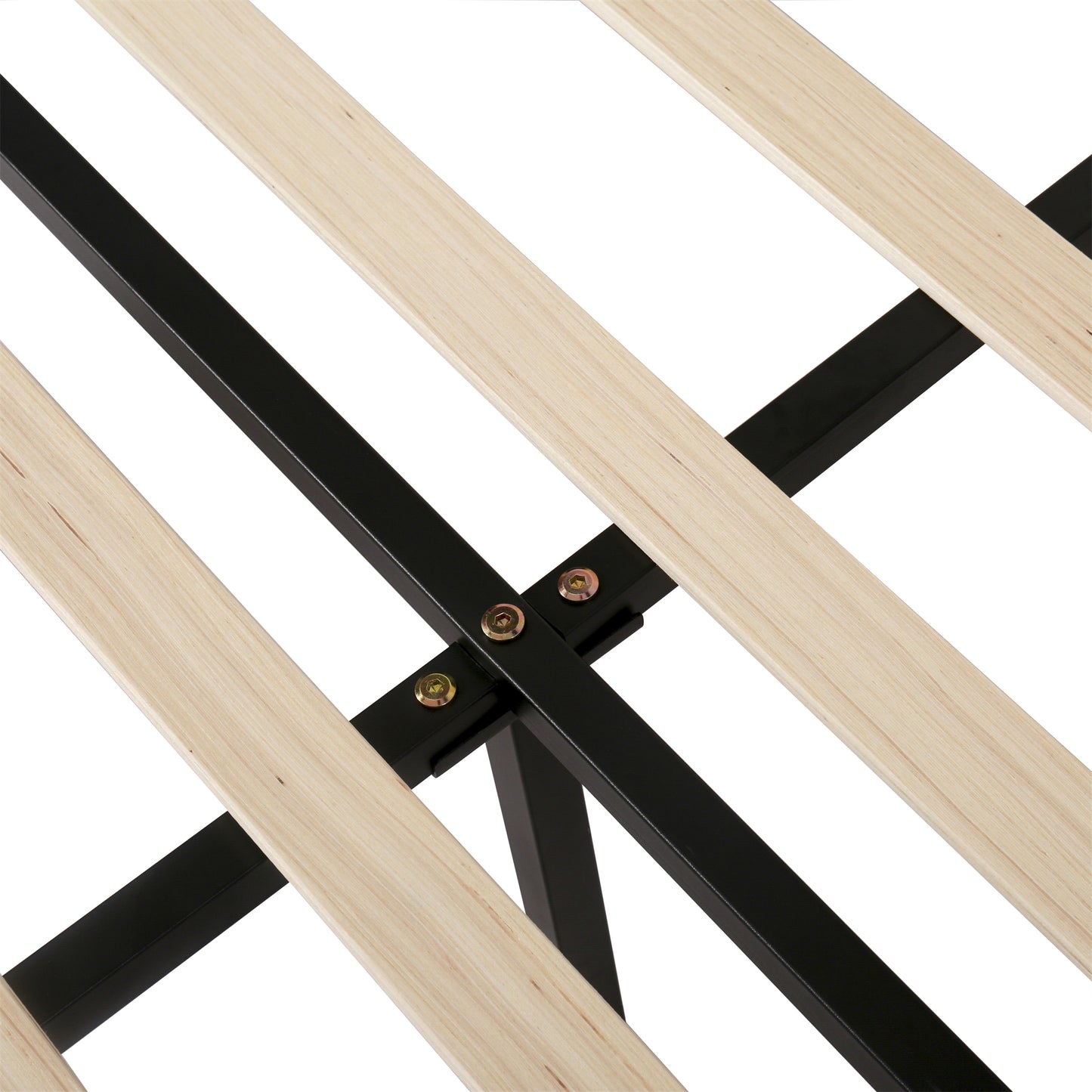 Closeup of a black metal bed frame with natural wood slats
