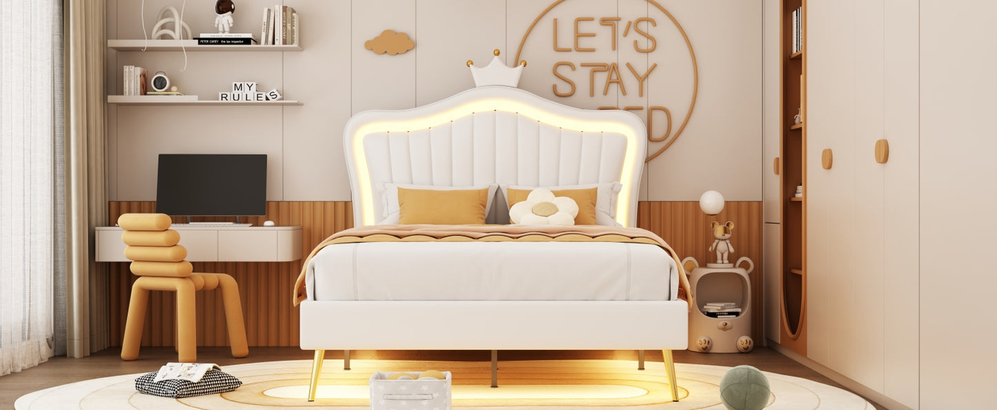 White upholstered kids bed with integrated LED lighting and crown