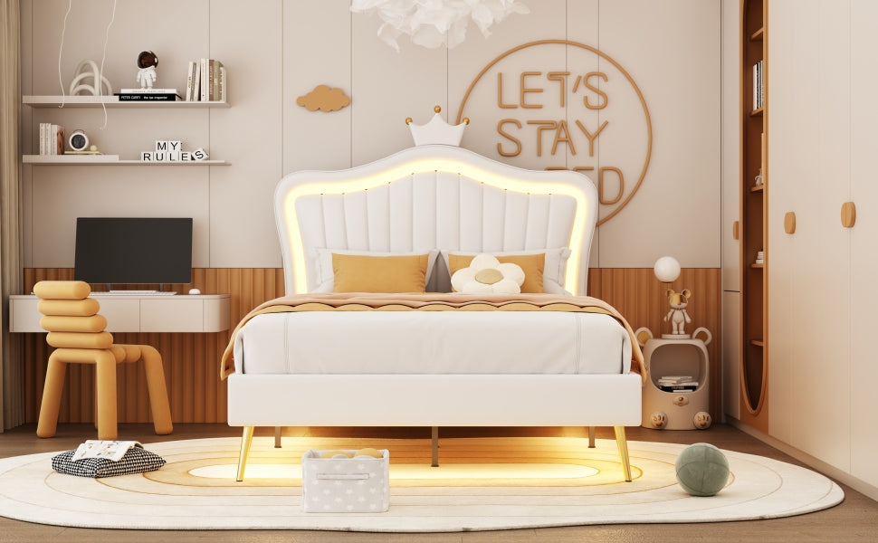 White upholstered twin bed with LED headboard and gold legs perfect for kids rooms