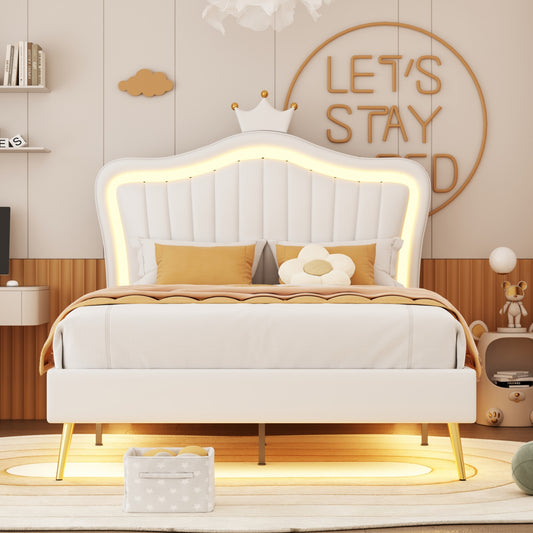 TREATLIFE HOME Full Size Bed Frame with LED Lights and Adjustable Headboard, Modern Design in White