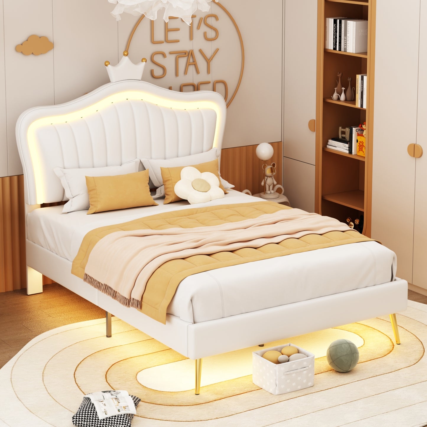 White upholstered twin bed with LED headboard and gold legs for a childs room