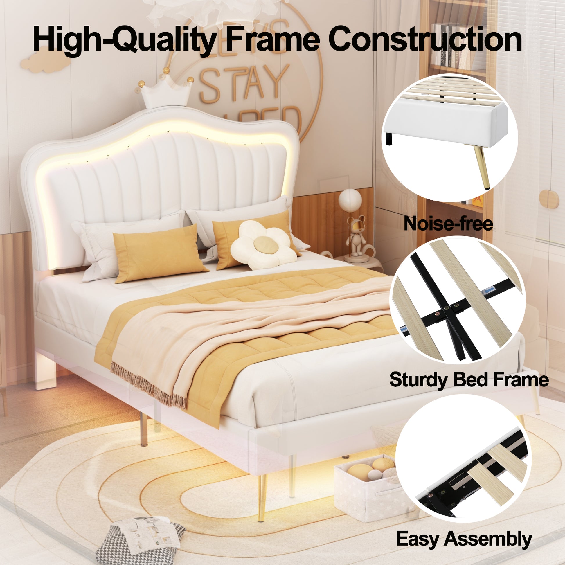 White upholstered bed frame with LED headboard and gold legs
