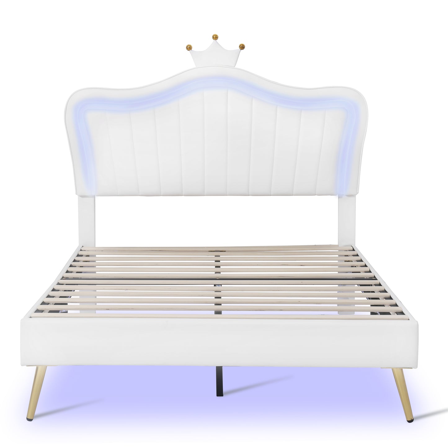 White upholstered twin bed frame with crown headboard and LED lights