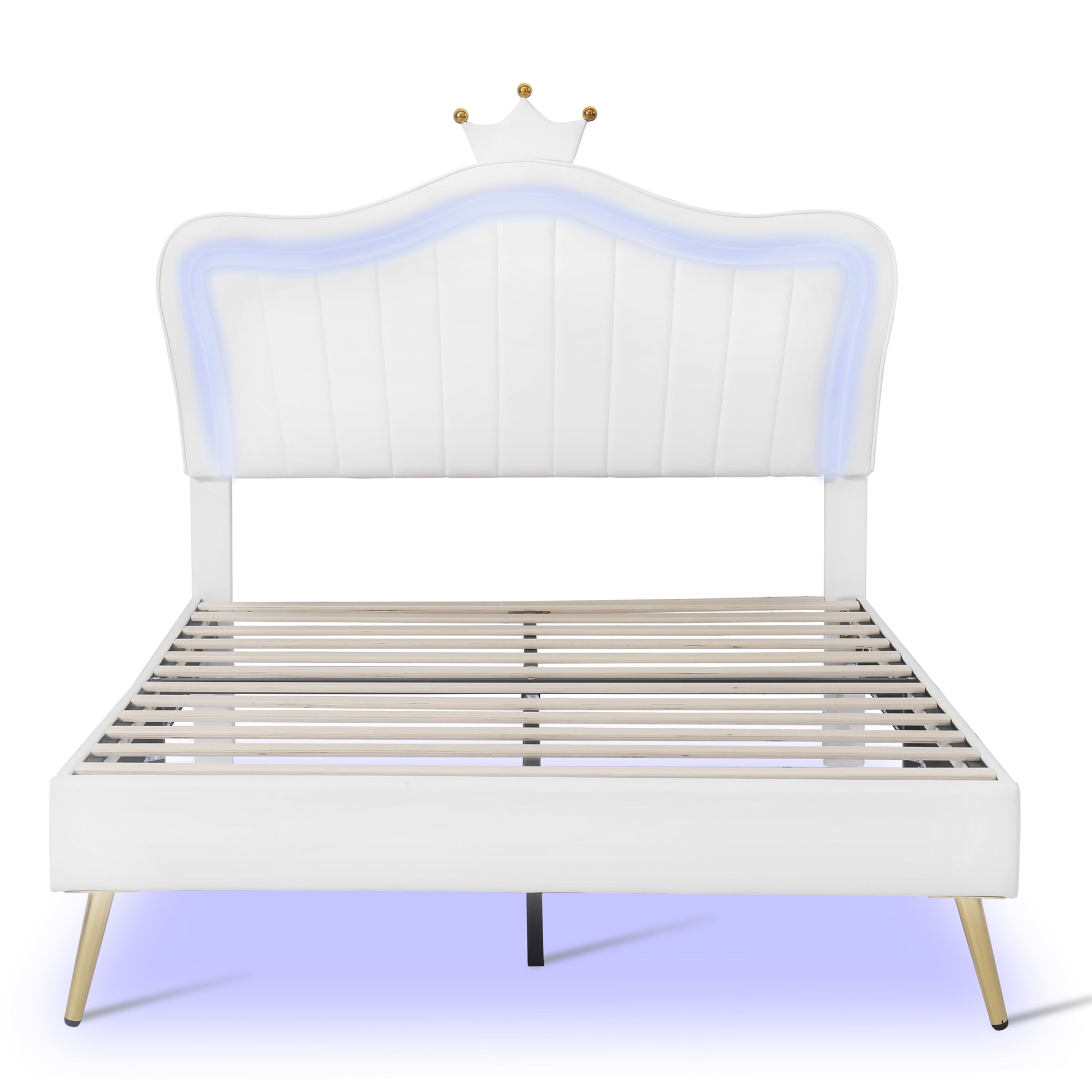 White upholstered twin bed frame with crown headboard and LED lights