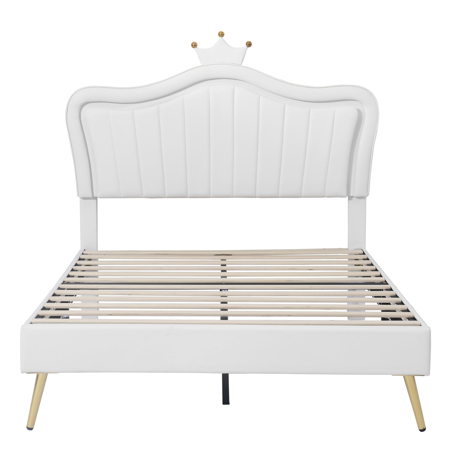 White upholstered twin bed frame with gold crown detail and slatted base