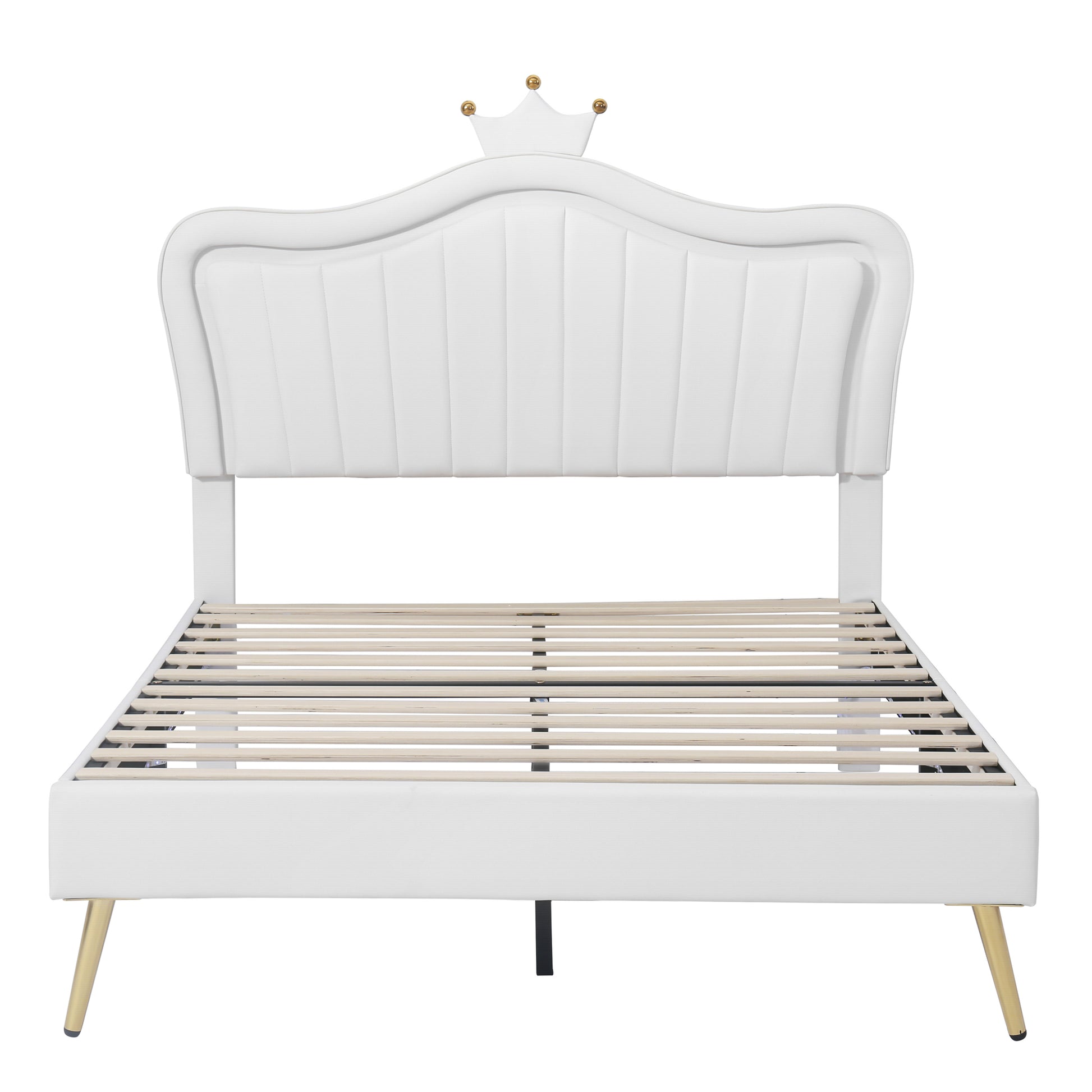 White upholstered twin bed frame with gold crown detail and slatted base