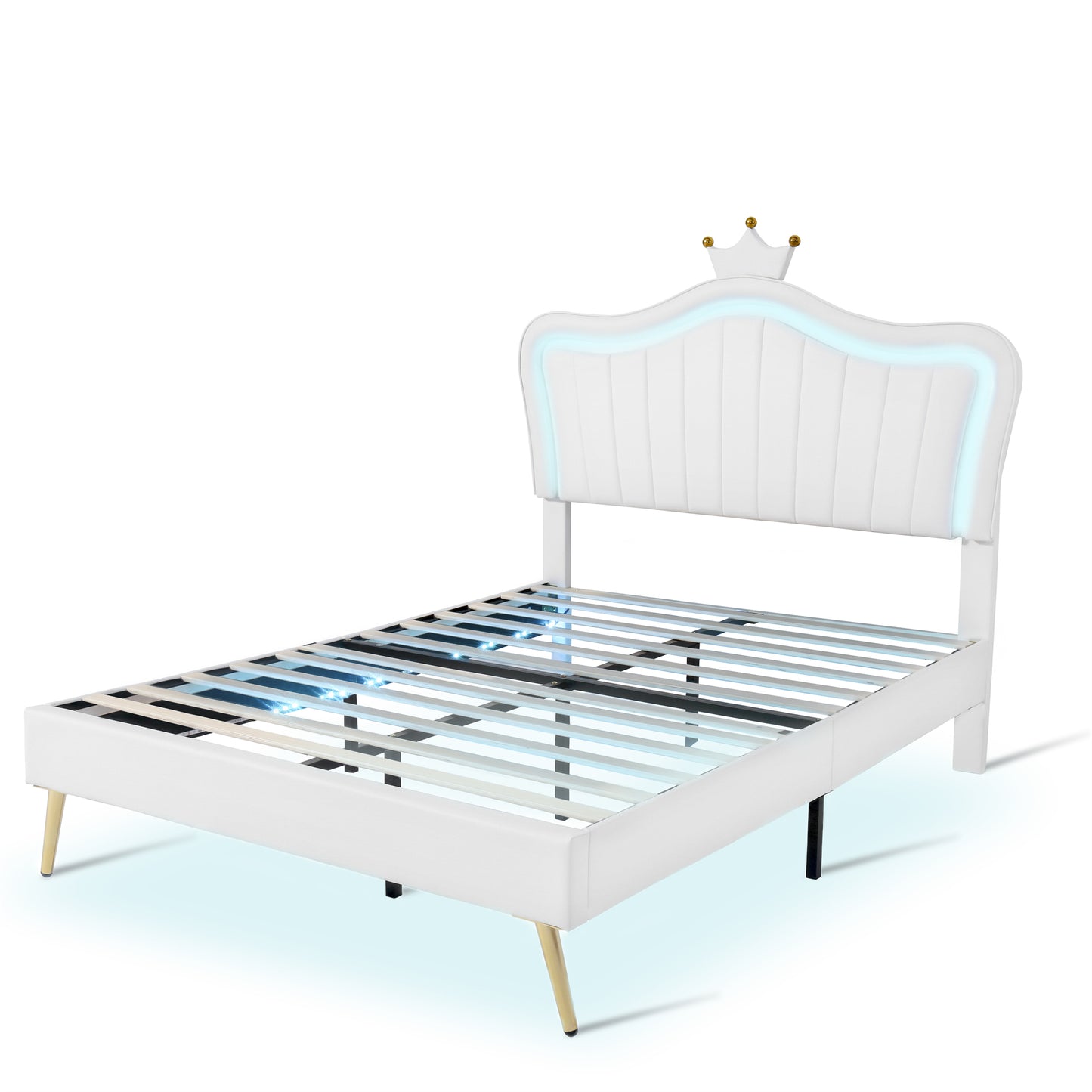 White upholstered bed frame with LED headboard lights and gold legs