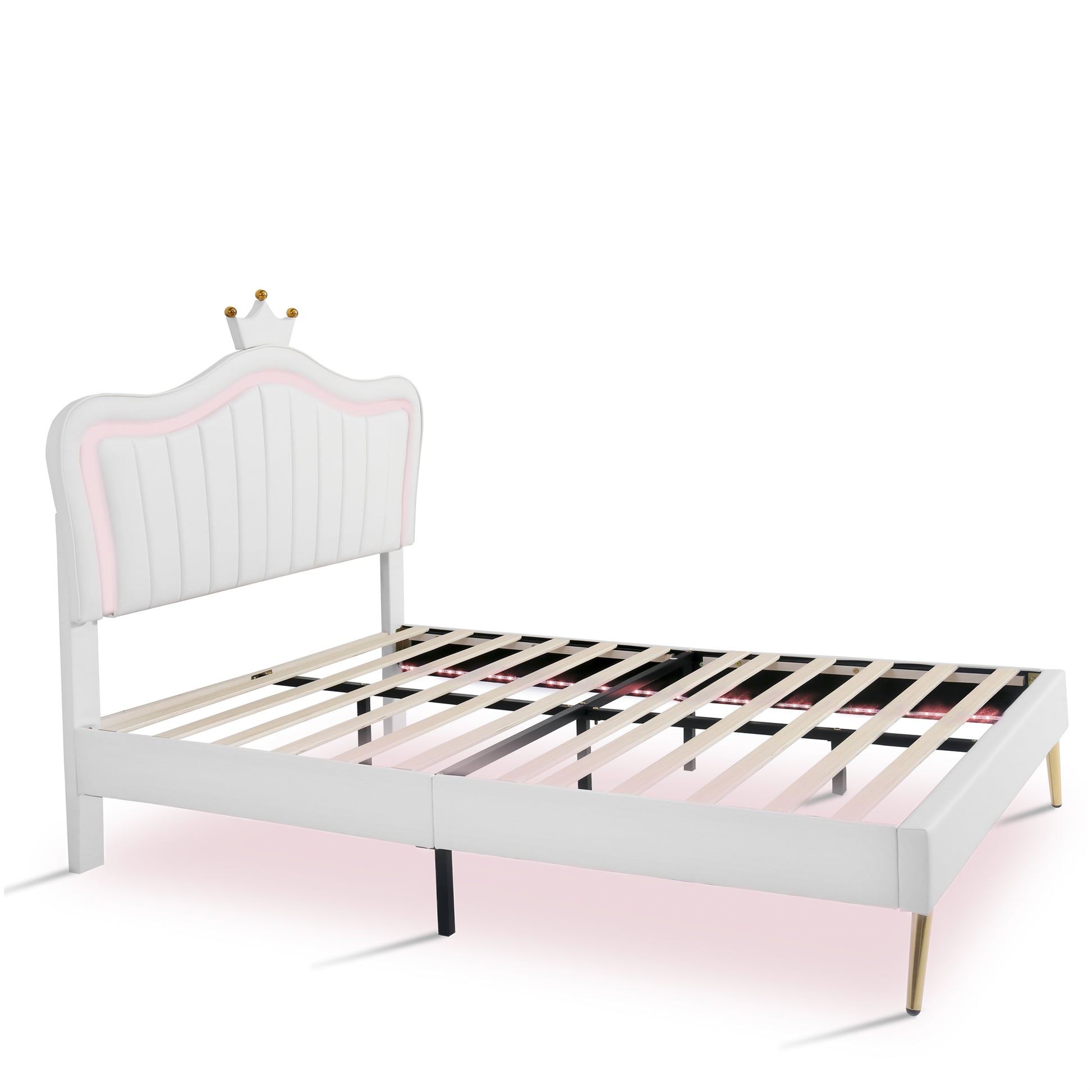 White upholstered twin bed frame with pink trim and gold crown accent