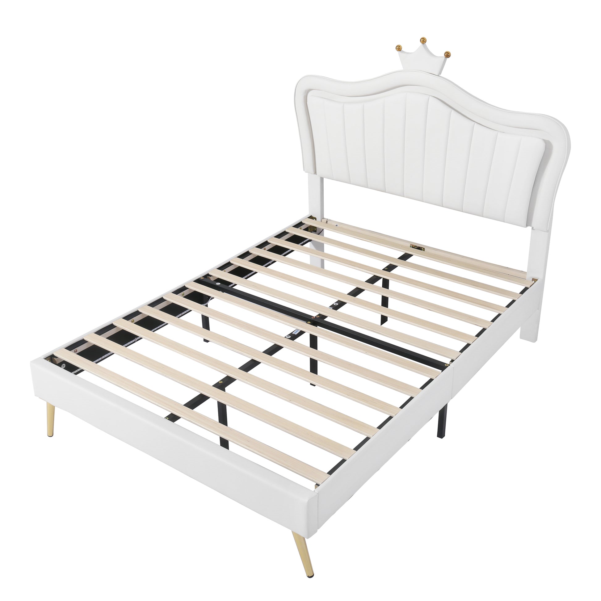White upholstered queen bed frame with channeled headboard and gold crown accent