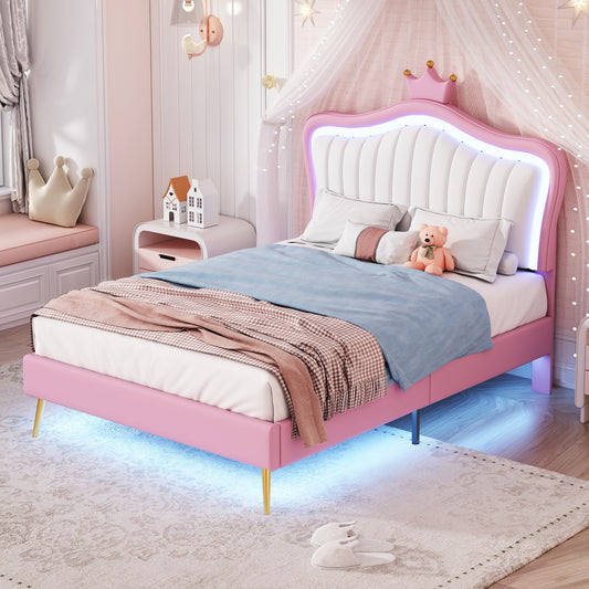 TREATLIFE HOME Twin Size Bed Frame with LED Lights, Modern Princess Design, White and Pink