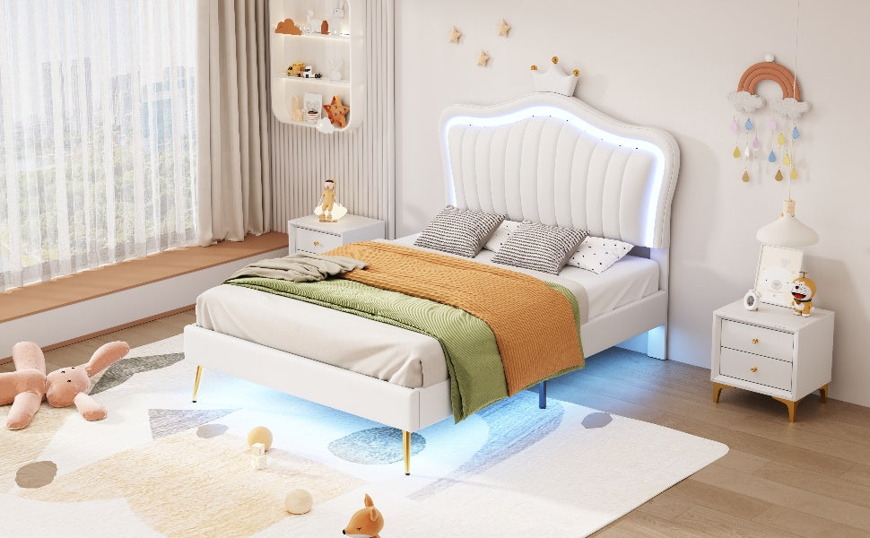 White velvet upholstered bed with LED lighting and crown headboard