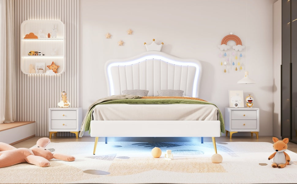 White tufted twin bed with illuminated crown headboard and gold legs