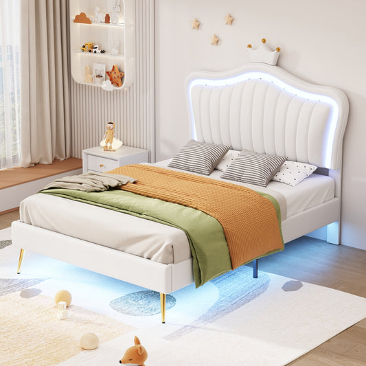 TREATLIFE HOME Twin Size Bed Frame with LED Lights and Adjustable Headboard, Modern Design, White