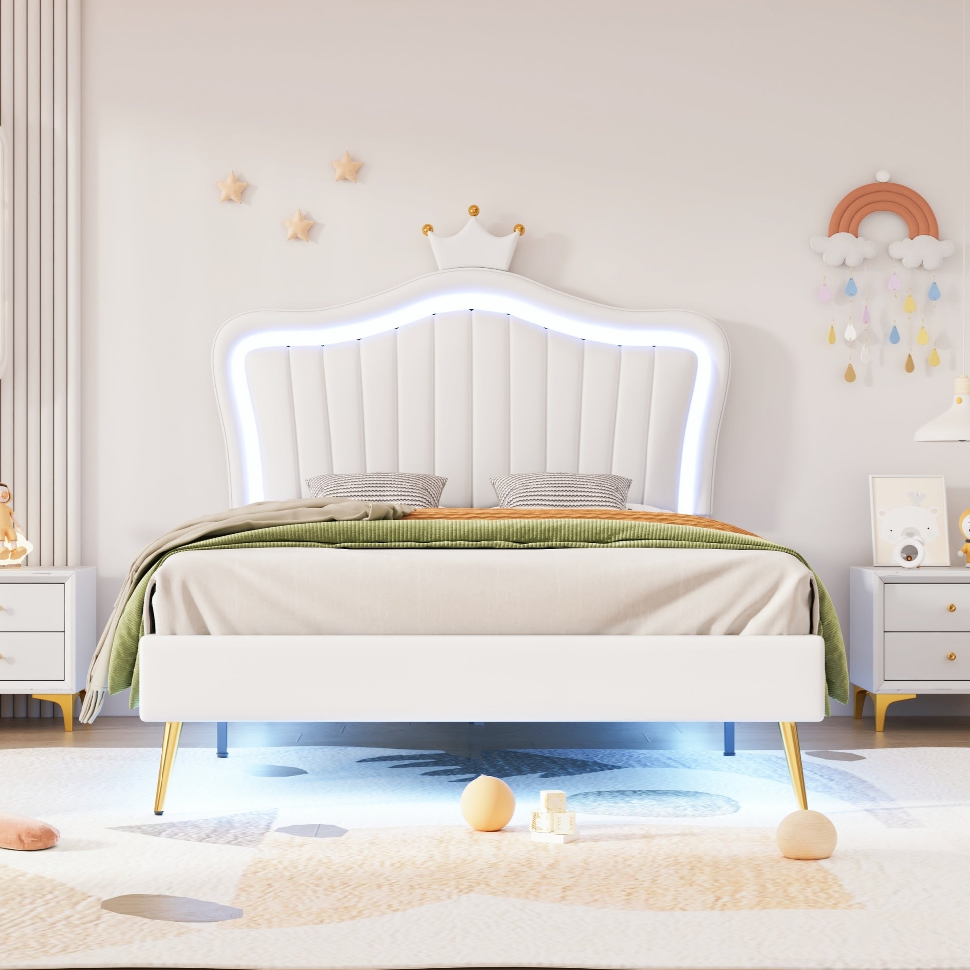 White upholstered twin bed with LED lights and crown headboard