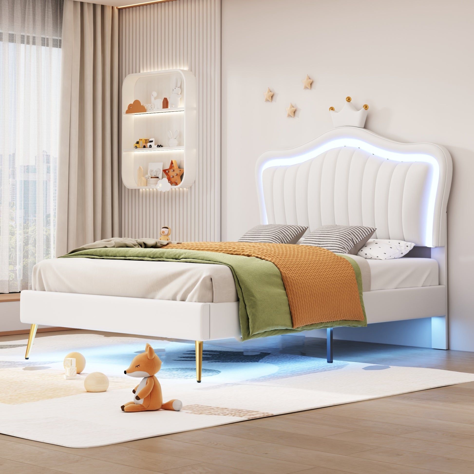 White velvet queen bed frame with LED headboard