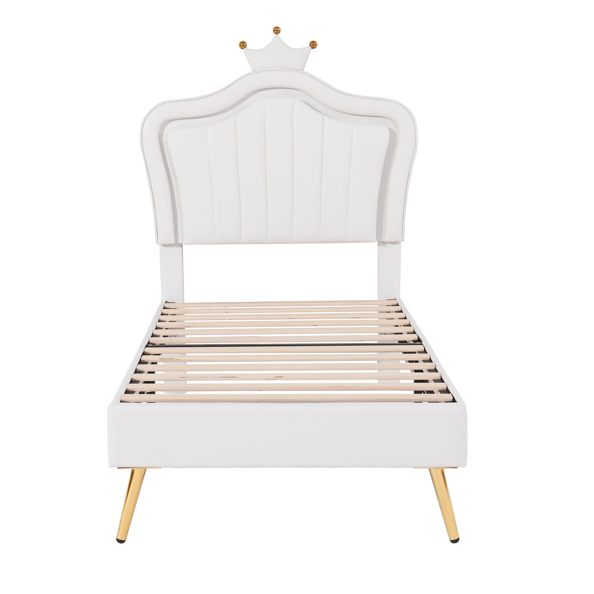 White upholstered twin bed frame with gold crown detail and tapered legs